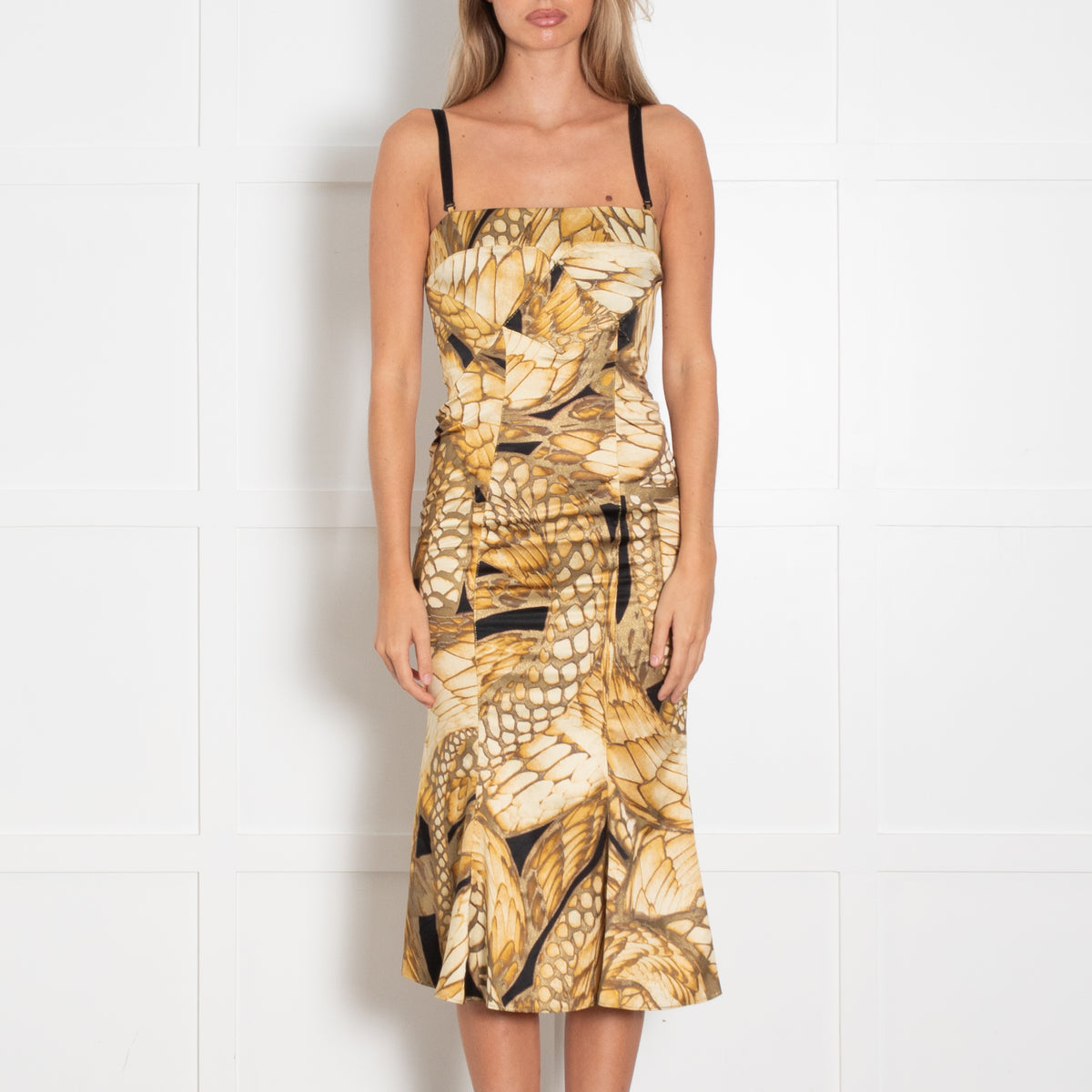 Just Cavalli Yellow Butterfly Print Strappy Midi Dress