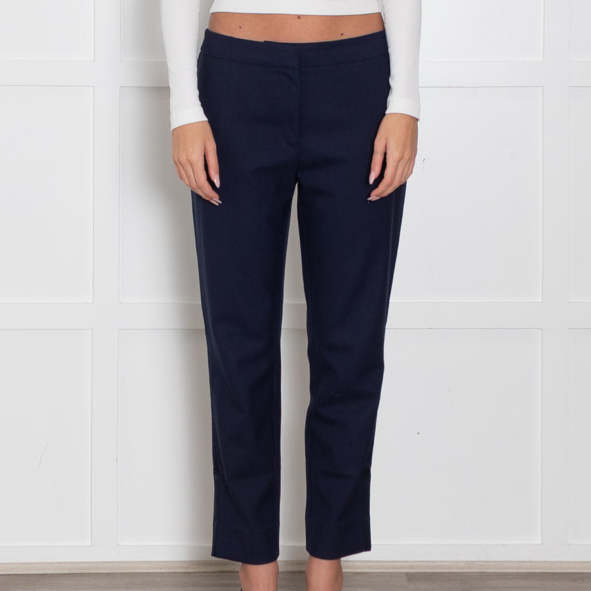 Wyse Navy Crop Trouser With Satin Side Stripe