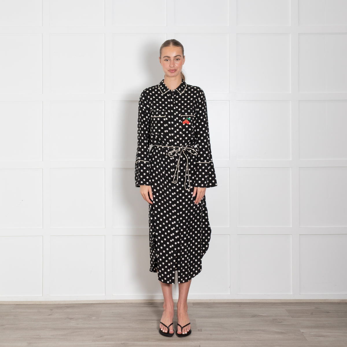 Essentiel Antwerp Black & White Spotted Dress With Cherry Motif & Belt