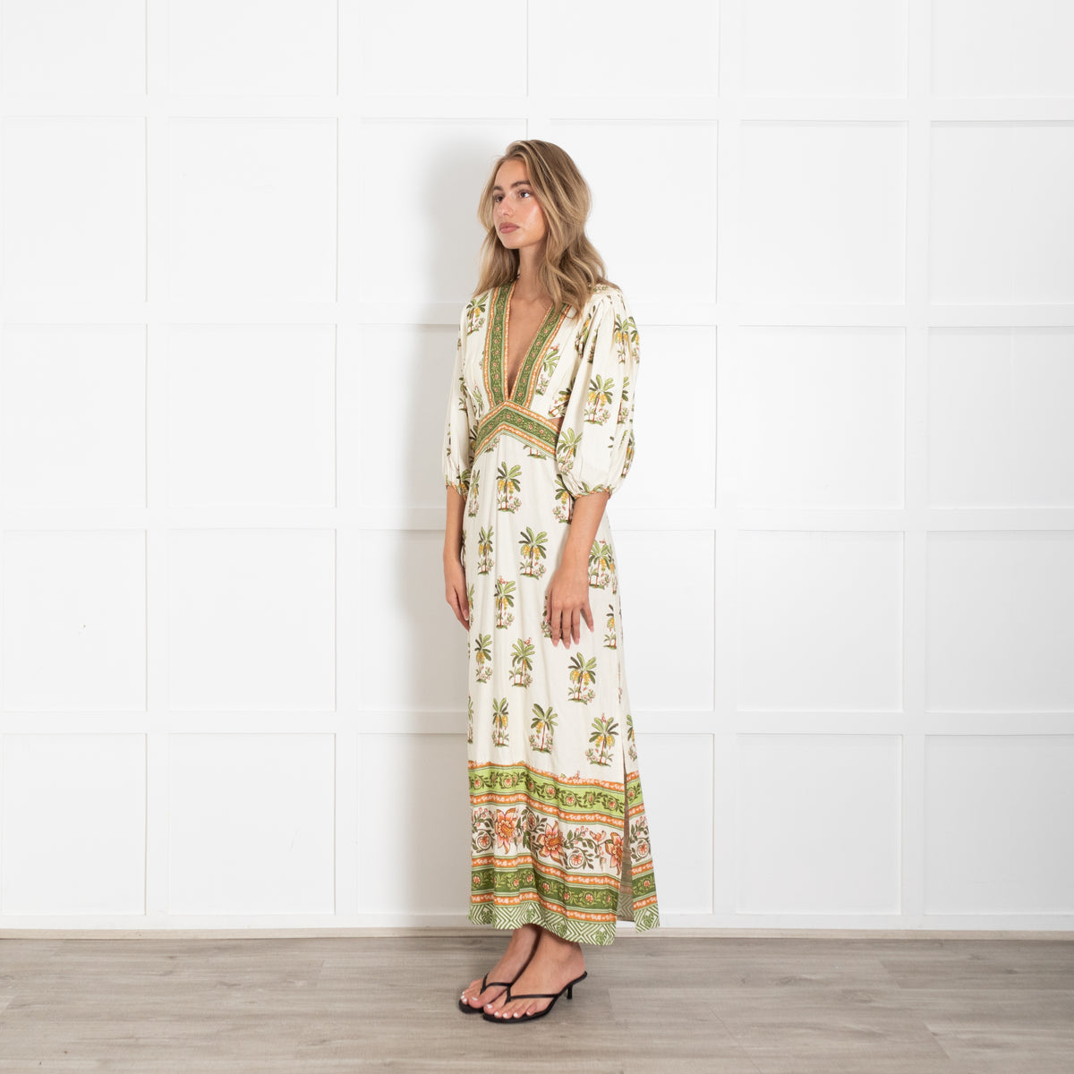 Farm Rio Luna Linen Cream Palm Tree Print Maxi Dress