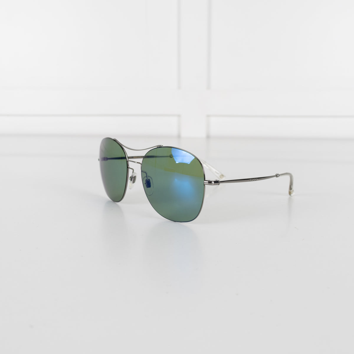Gucci Ruthenium Blue Lens Aviator Sunglasses With Silver Frame