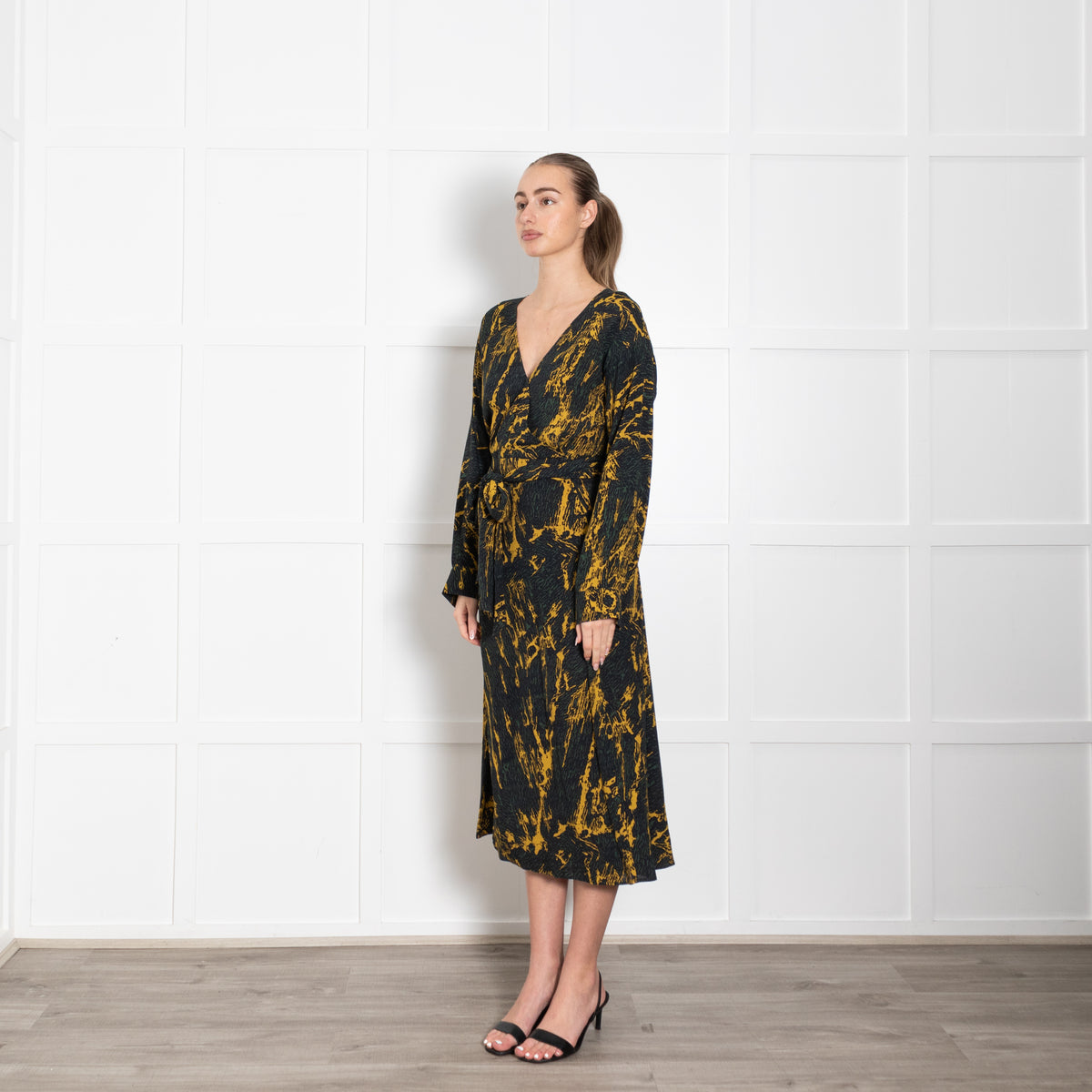 Pinko Green And Yellow Wrap Tie Long Sleeve Dress