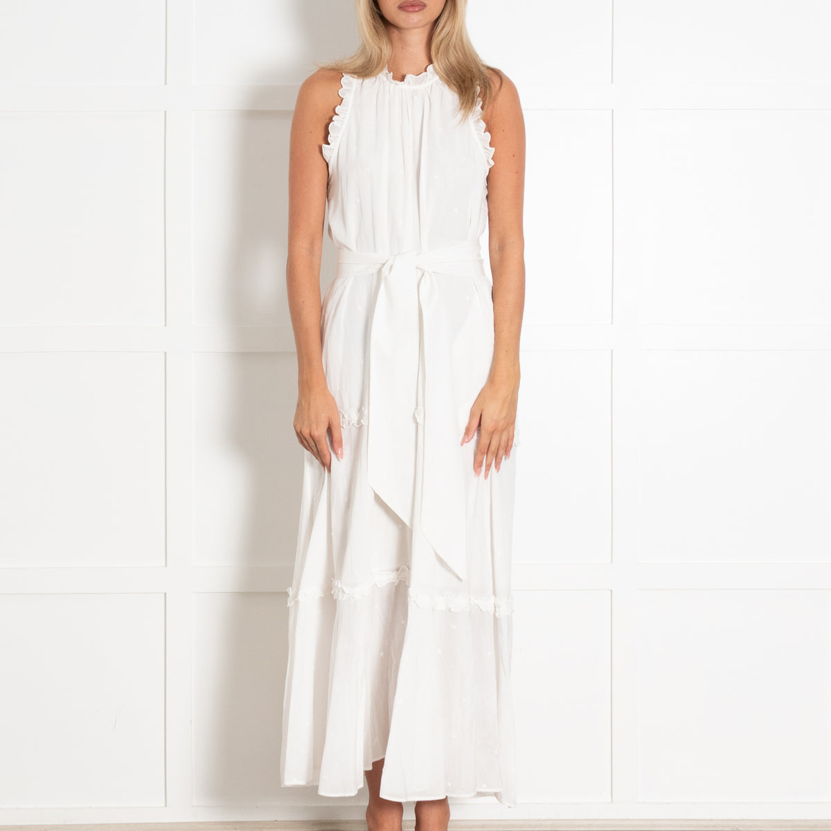 Me + Em White Tiered Polka Dot Sleeveless Maxi Dress