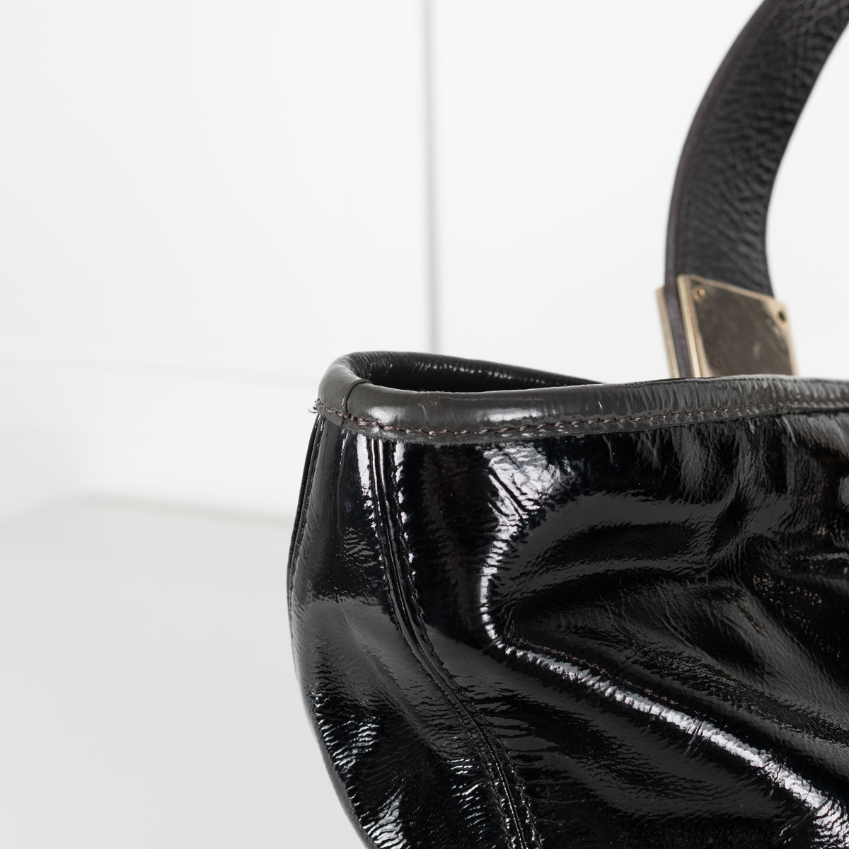 Anya Hindmarch Black Patent Grey Strap Gold Hardware Tote Bag