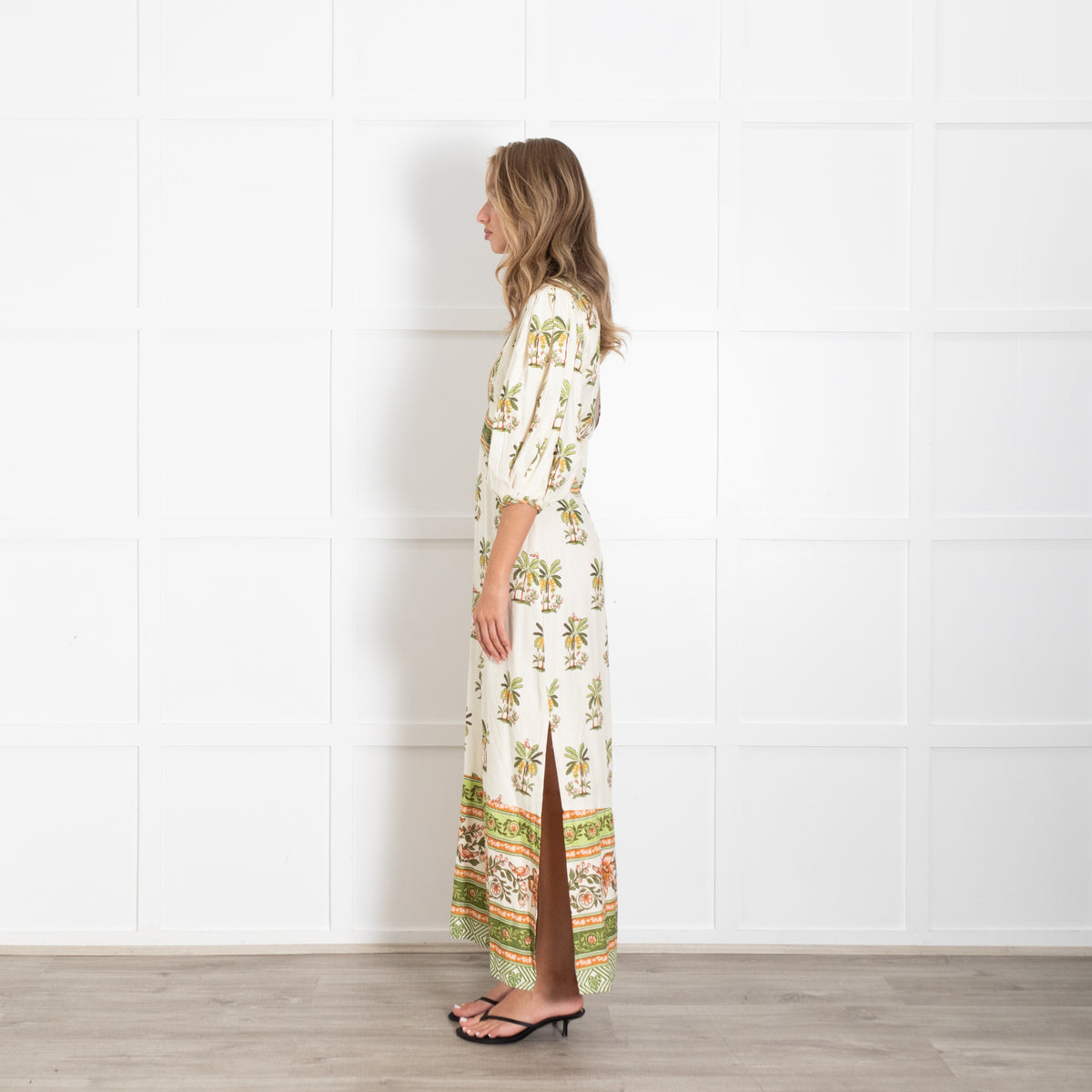 Farm Rio Luna Linen Cream Palm Tree Print Maxi Dress
