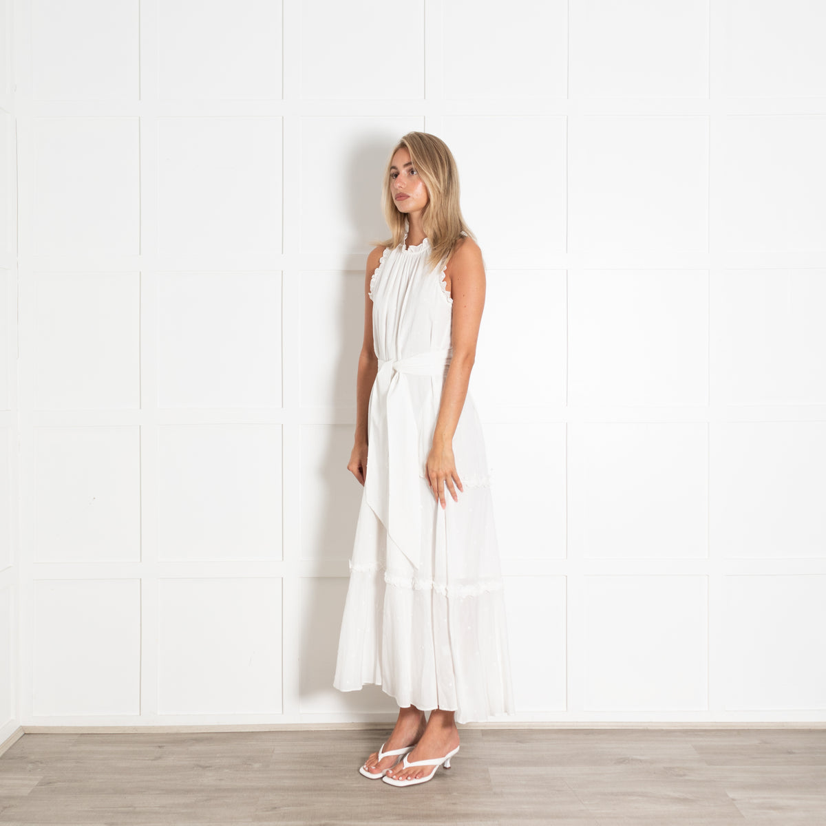 Me + Em White Tiered Polka Dot Sleeveless Maxi Dress