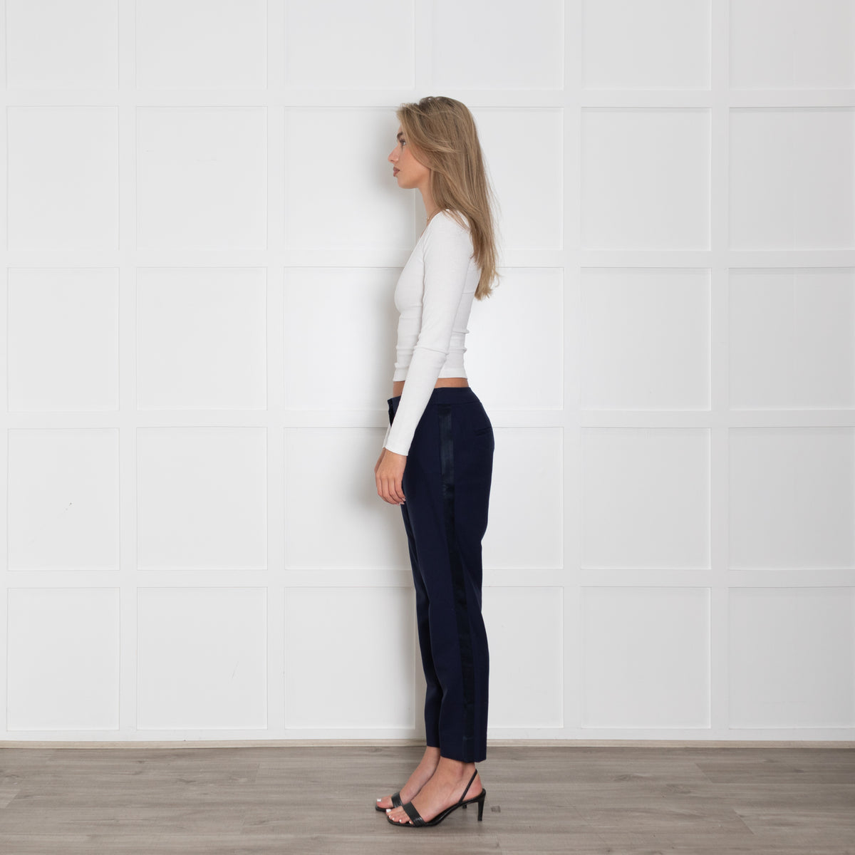 Wyse Navy Crop Trouser With Satin Side Stripe