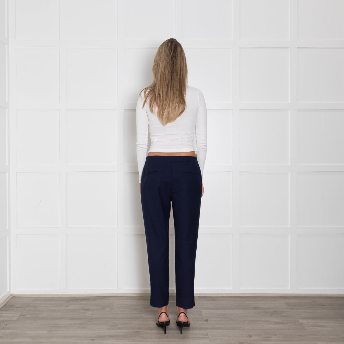 Wyse Navy Crop Trouser With Satin Side Stripe