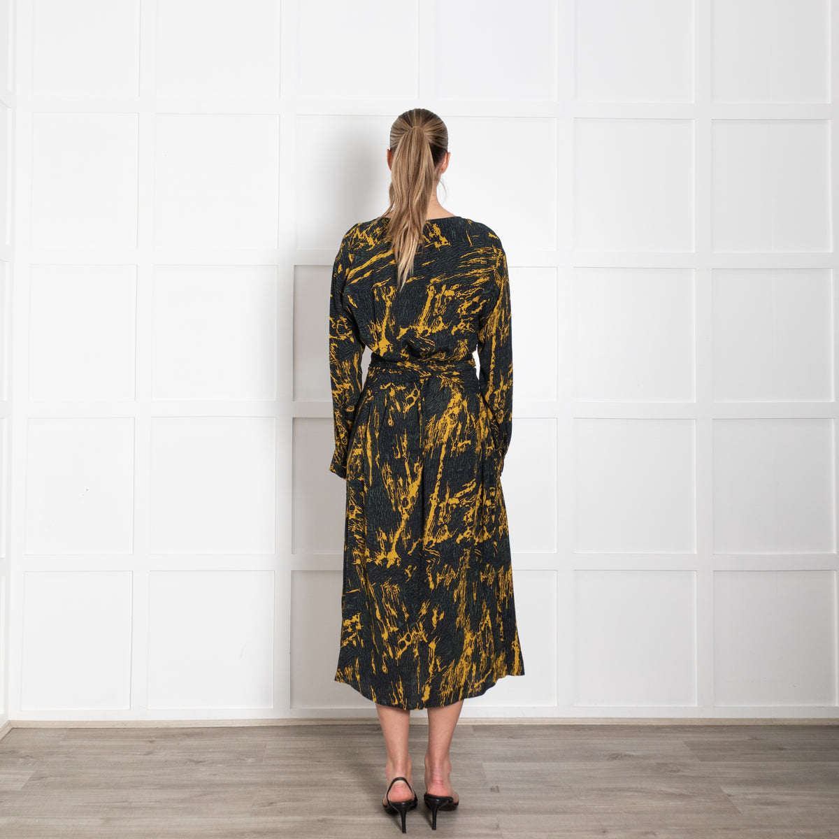 Pinko Green And Yellow Wrap Tie Long Sleeve Dress