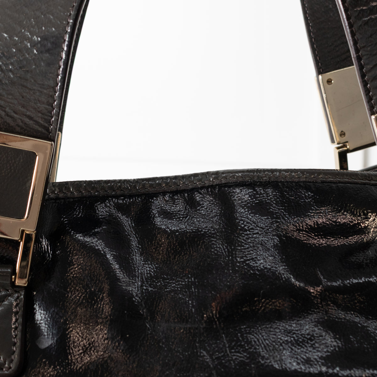 Anya Hindmarch Black Patent Grey Strap Gold Hardware Tote Bag