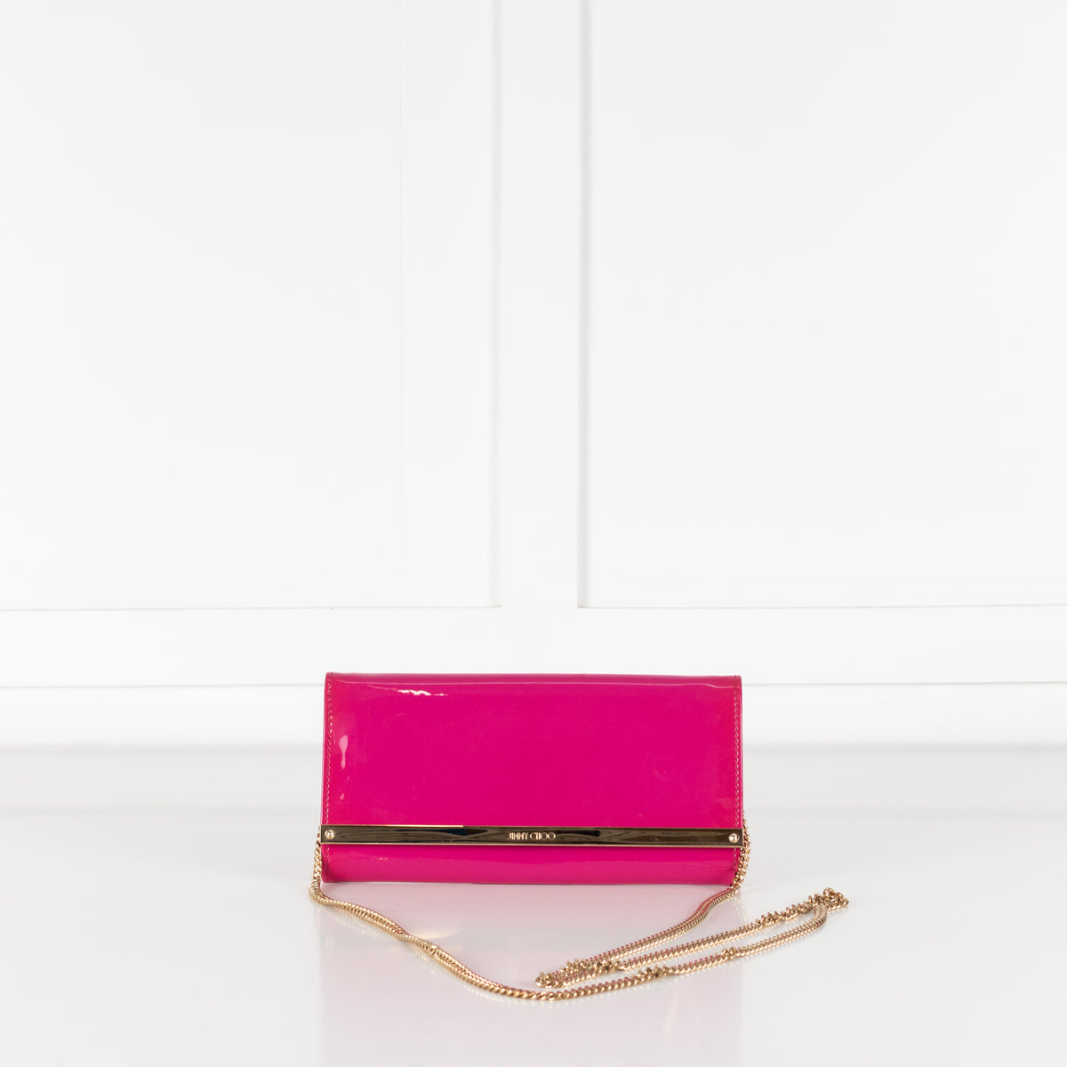 Jimmy Choo Bright Pink Milla Patent Leather Gold Chain Clutch Bag