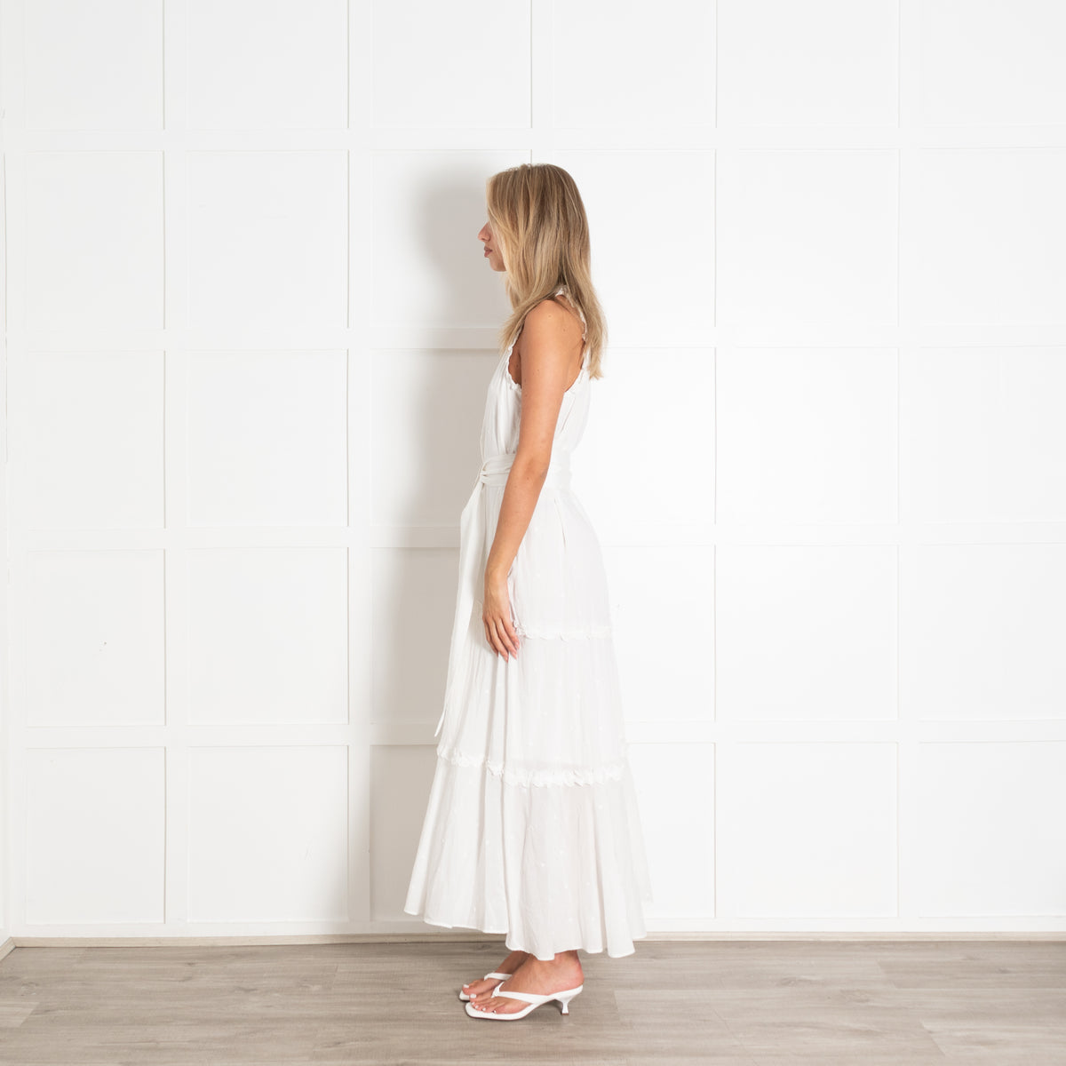 Me + Em White Tiered Polka Dot Sleeveless Maxi Dress