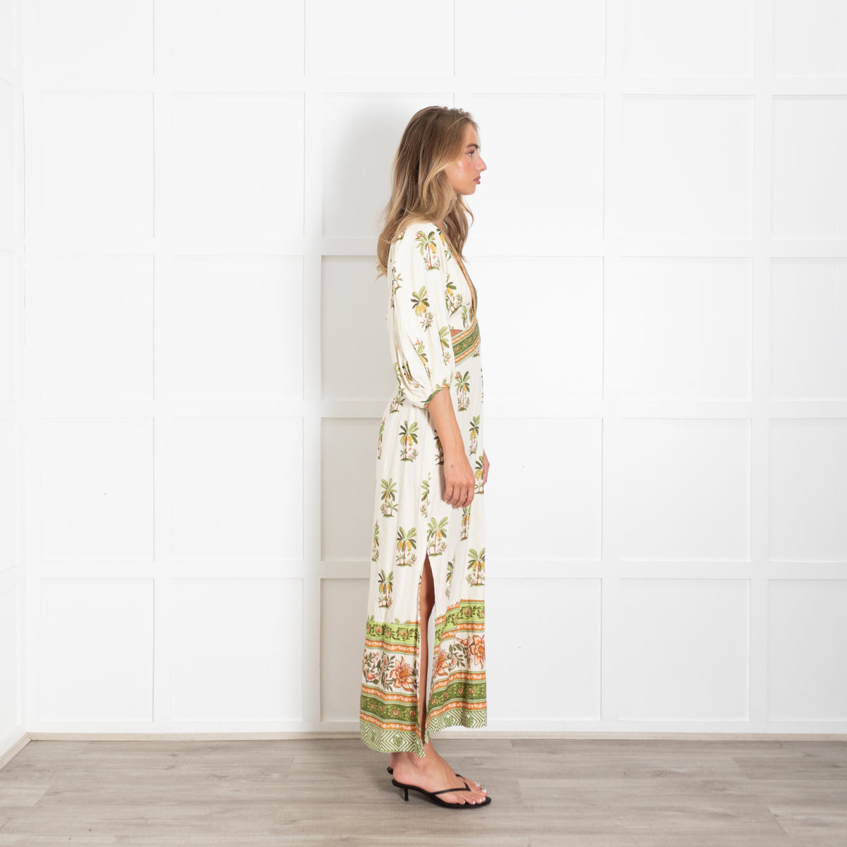 Farm Rio Luna Linen Cream Palm Tree Print Maxi Dress