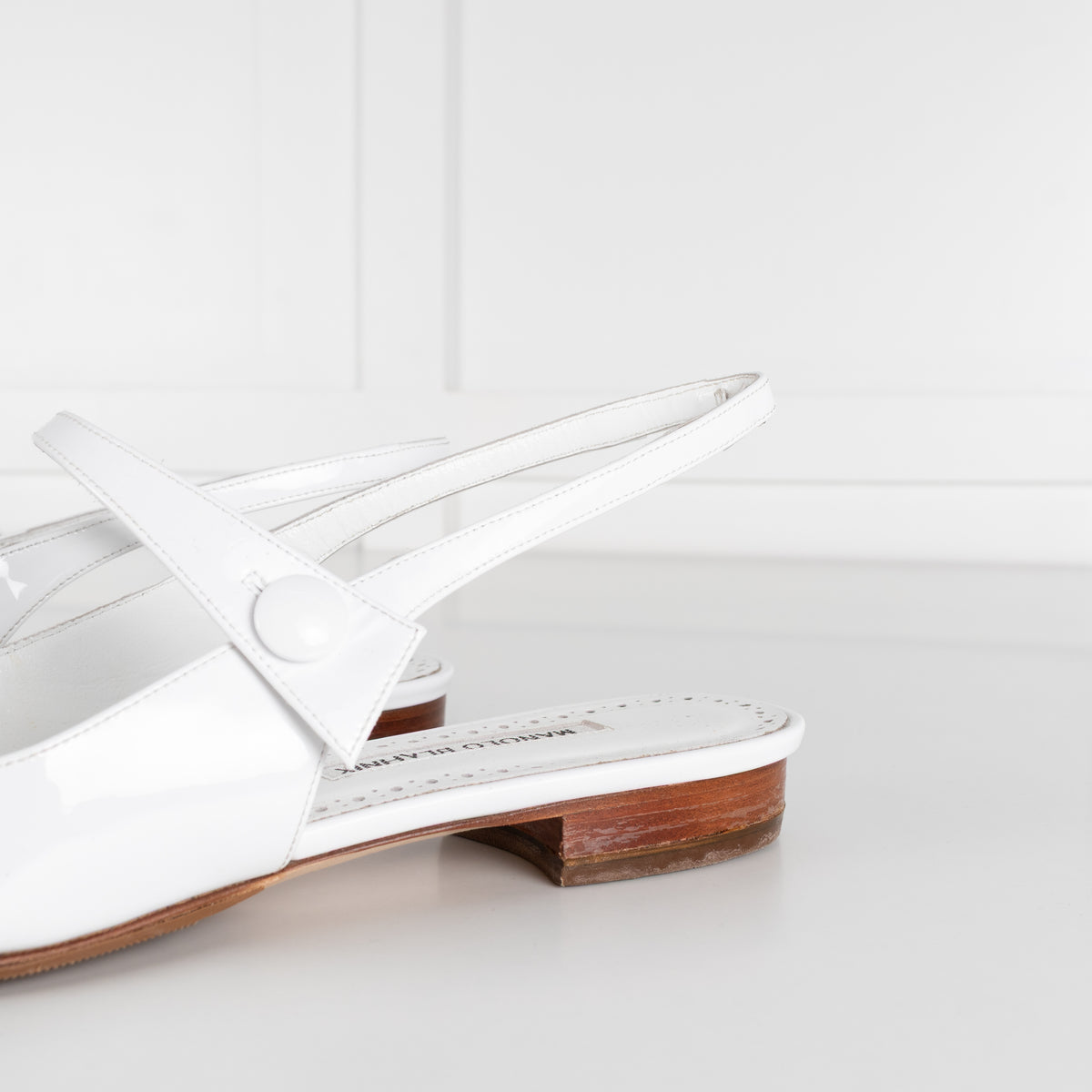 Manolo Blahnik Didion White Patent Leather Slingback Flats