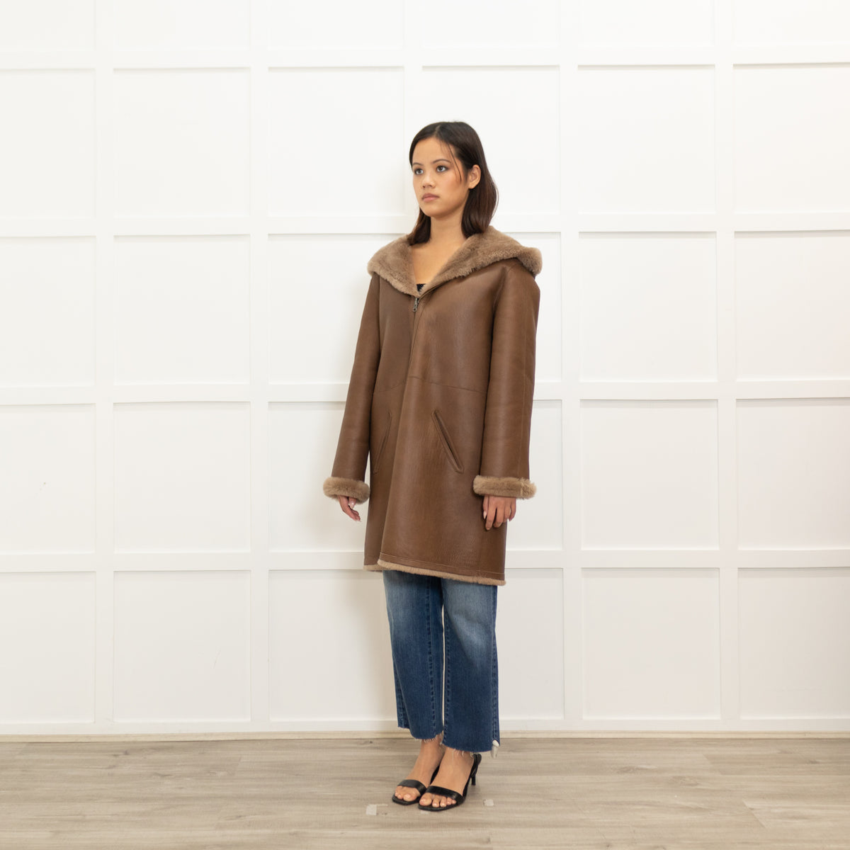 Gerard Darel Brown Reversible Hooded Shearling Jacket