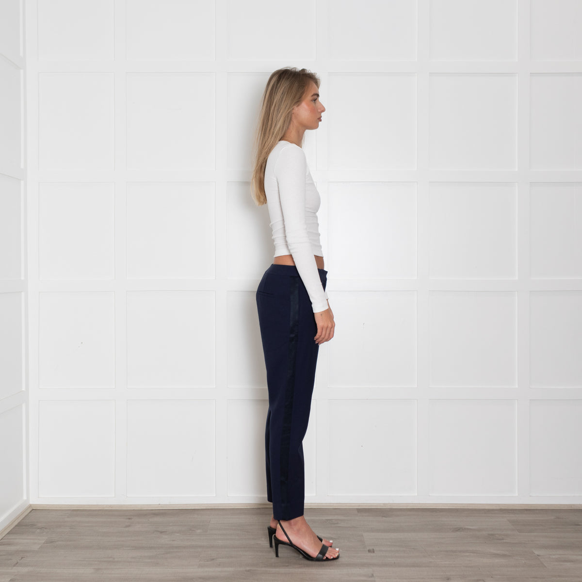 Wyse Navy Crop Trouser With Satin Side Stripe