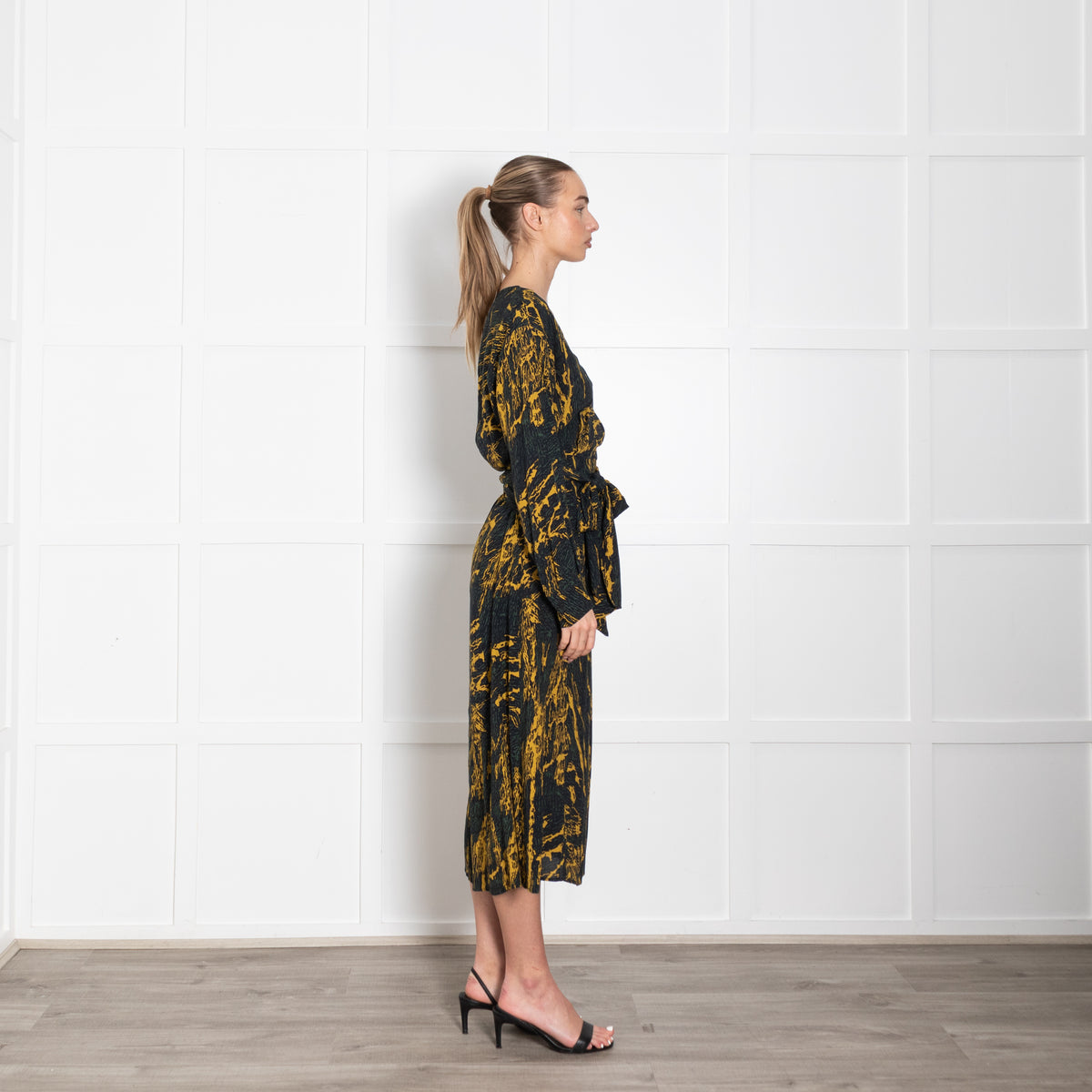 Pinko Green And Yellow Wrap Tie Long Sleeve Dress