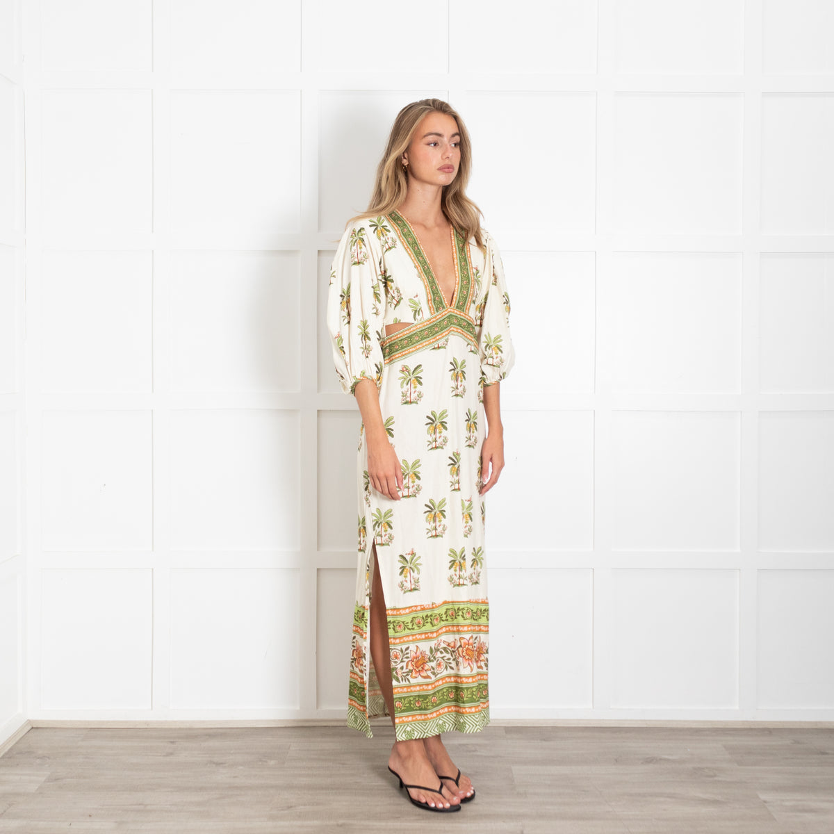 Farm Rio Luna Linen Cream Palm Tree Print Maxi Dress