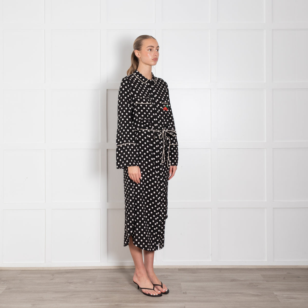 Essentiel Antwerp Black & White Spotted Dress With Cherry Motif & Belt