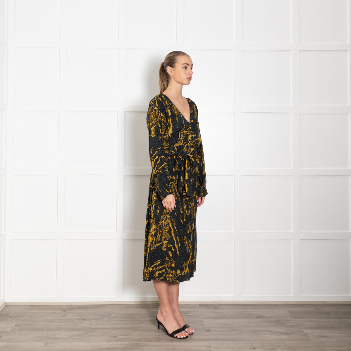 Pinko Green And Yellow Wrap Tie Long Sleeve Dress