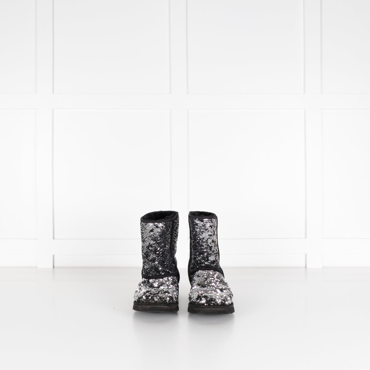 Ugg Silver Grey Sequin Short Sheepskin Boots.
