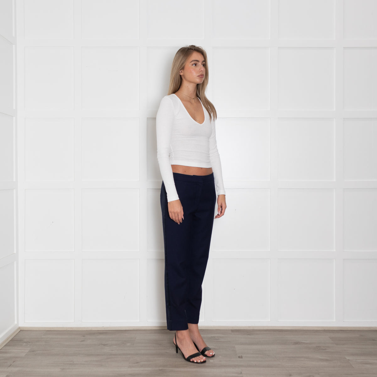 Wyse Navy Crop Trouser With Satin Side Stripe