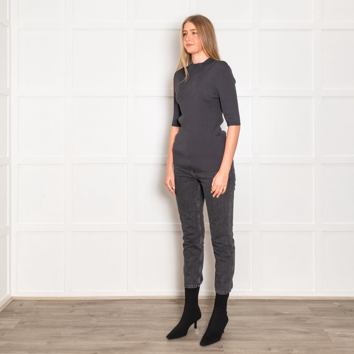 St John Grey Ribbed Short Sleeve Top