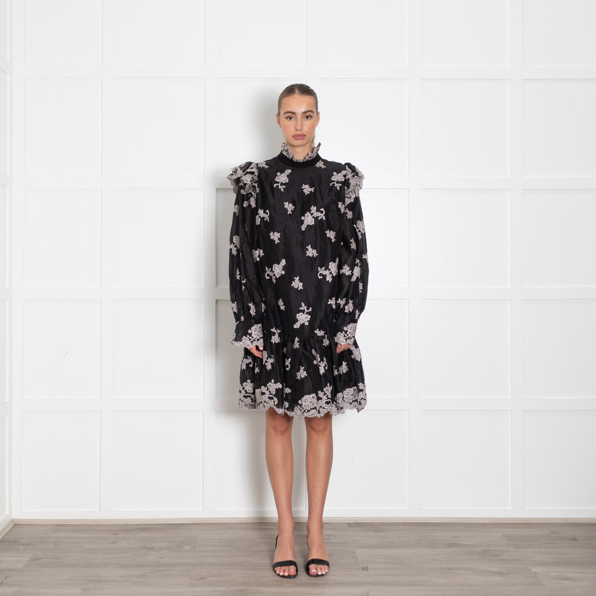 Erdem Nella Black Organza Dress With Silver Embroidery