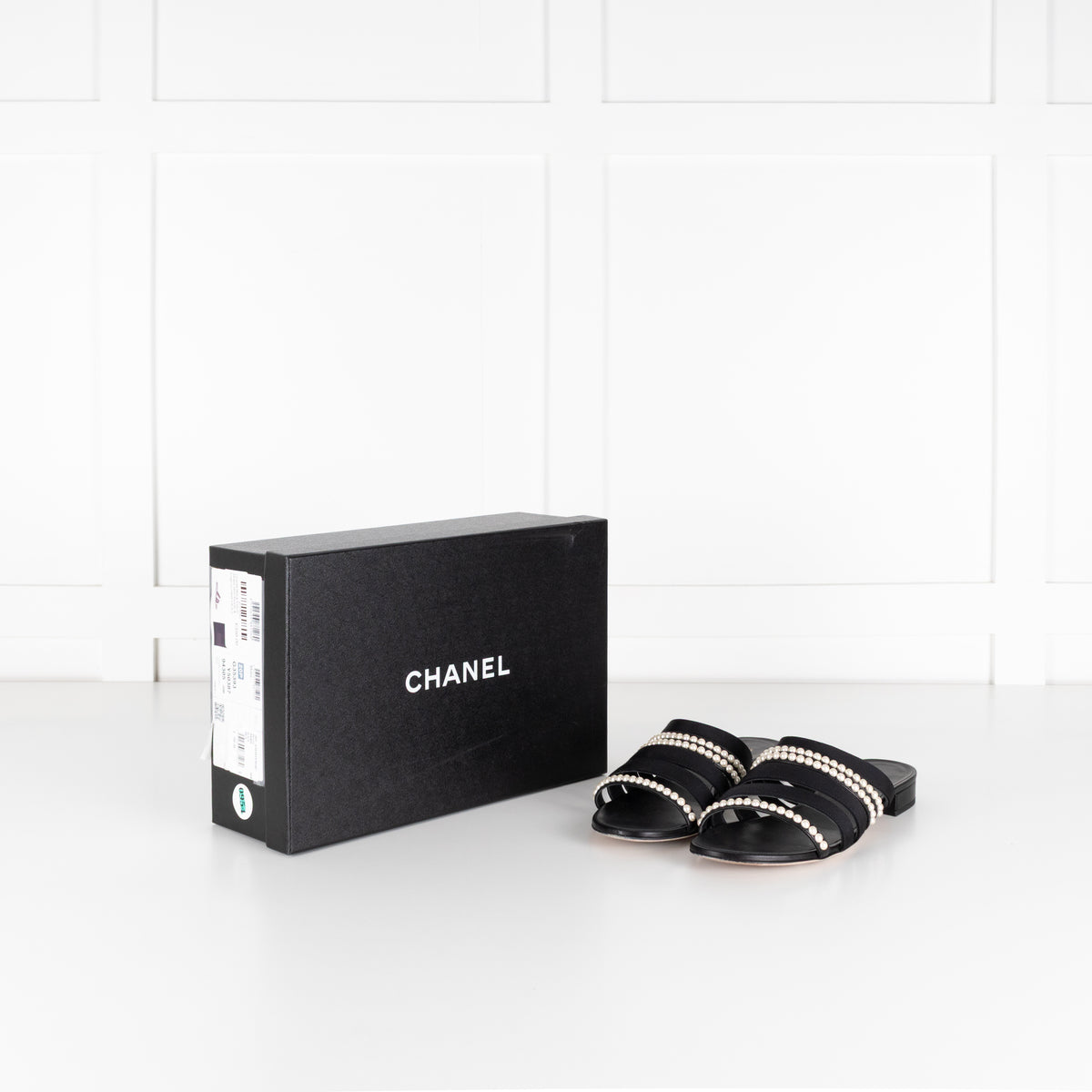 Chanel Black Fabric Mules With Pearls & Logo on Heel