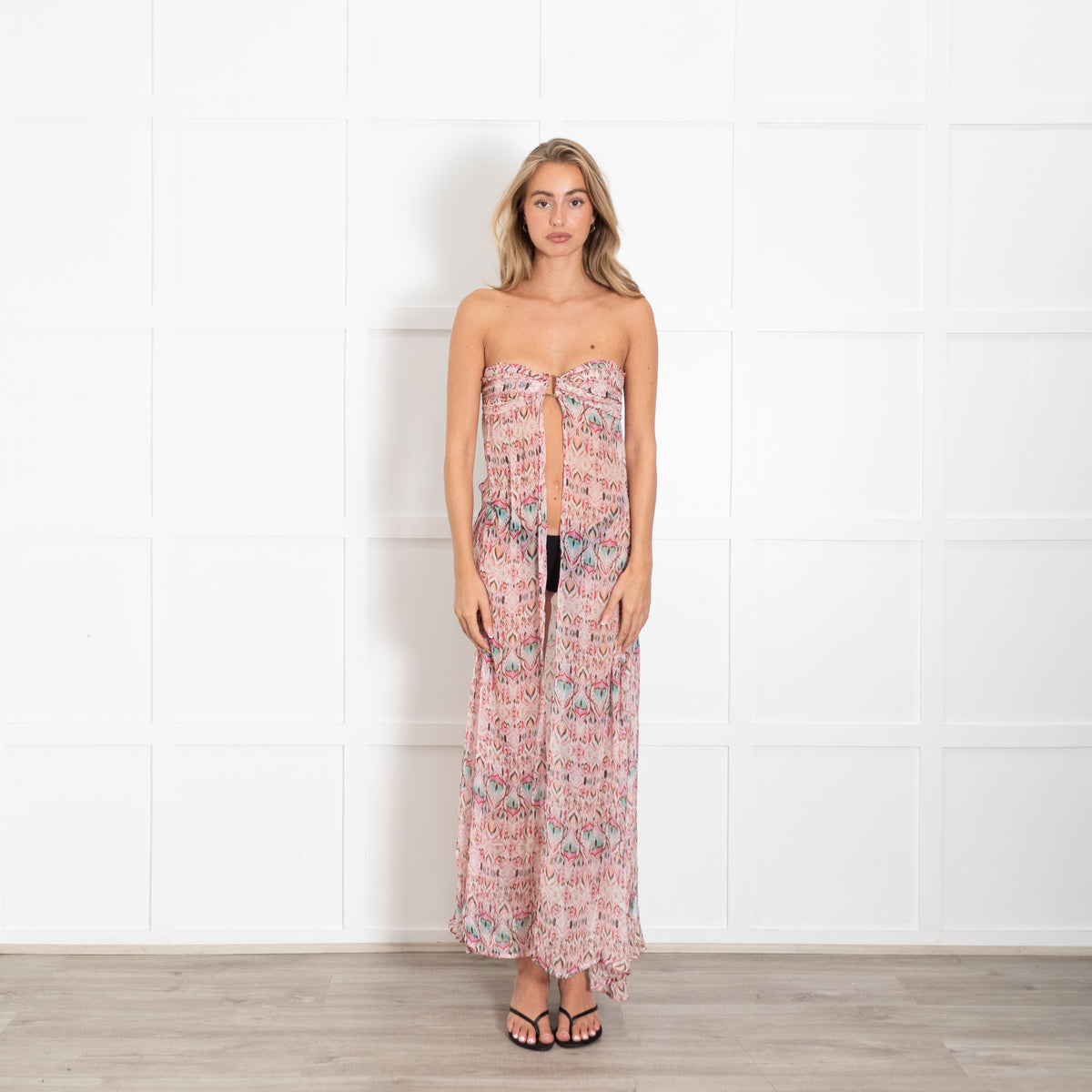 Melissa Odabash Pink & Blue Peacock Feather Print Bandau Maxi Dress with Gold Buckle
