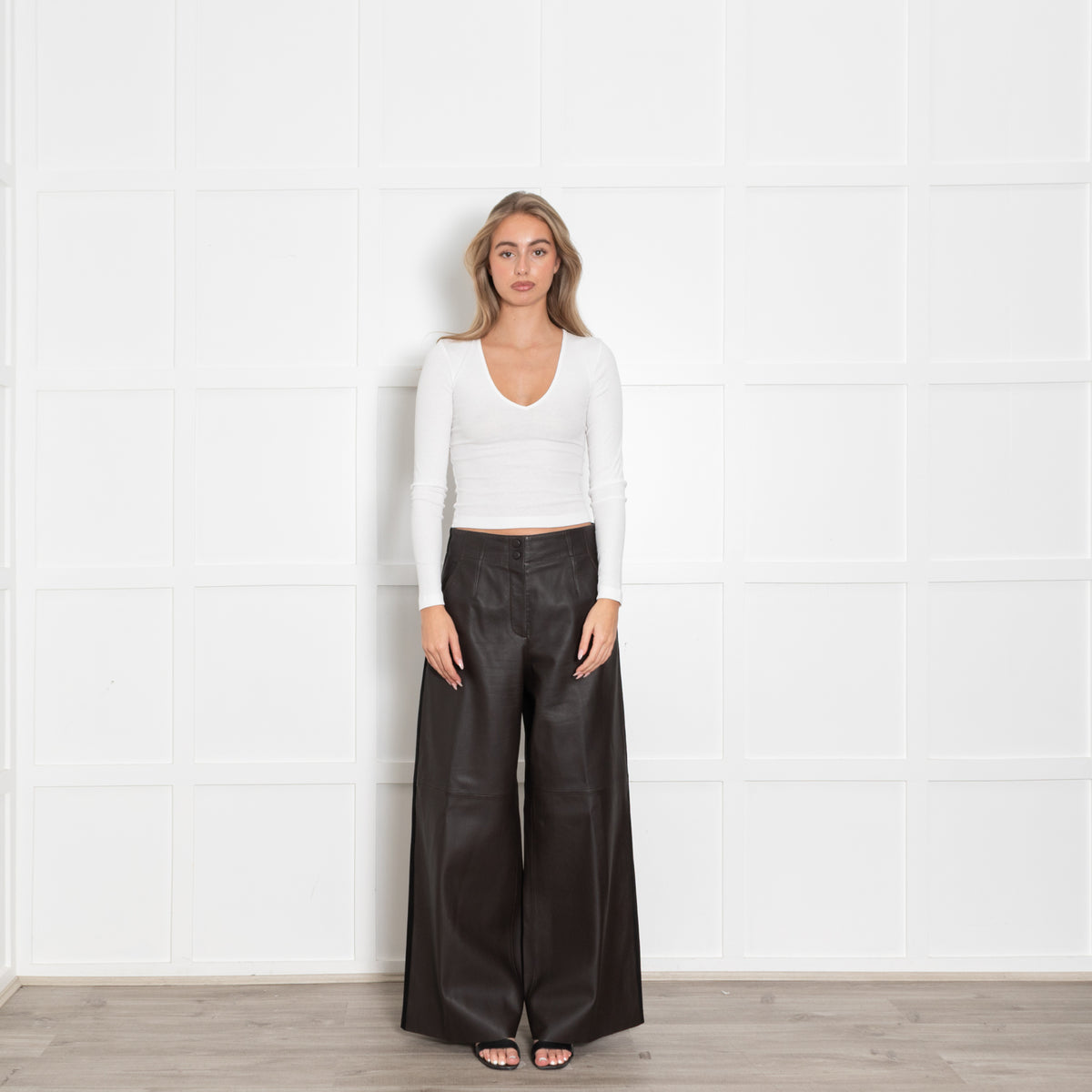 Me+Em Chocolate Brown Leather Wide Leg Trousers