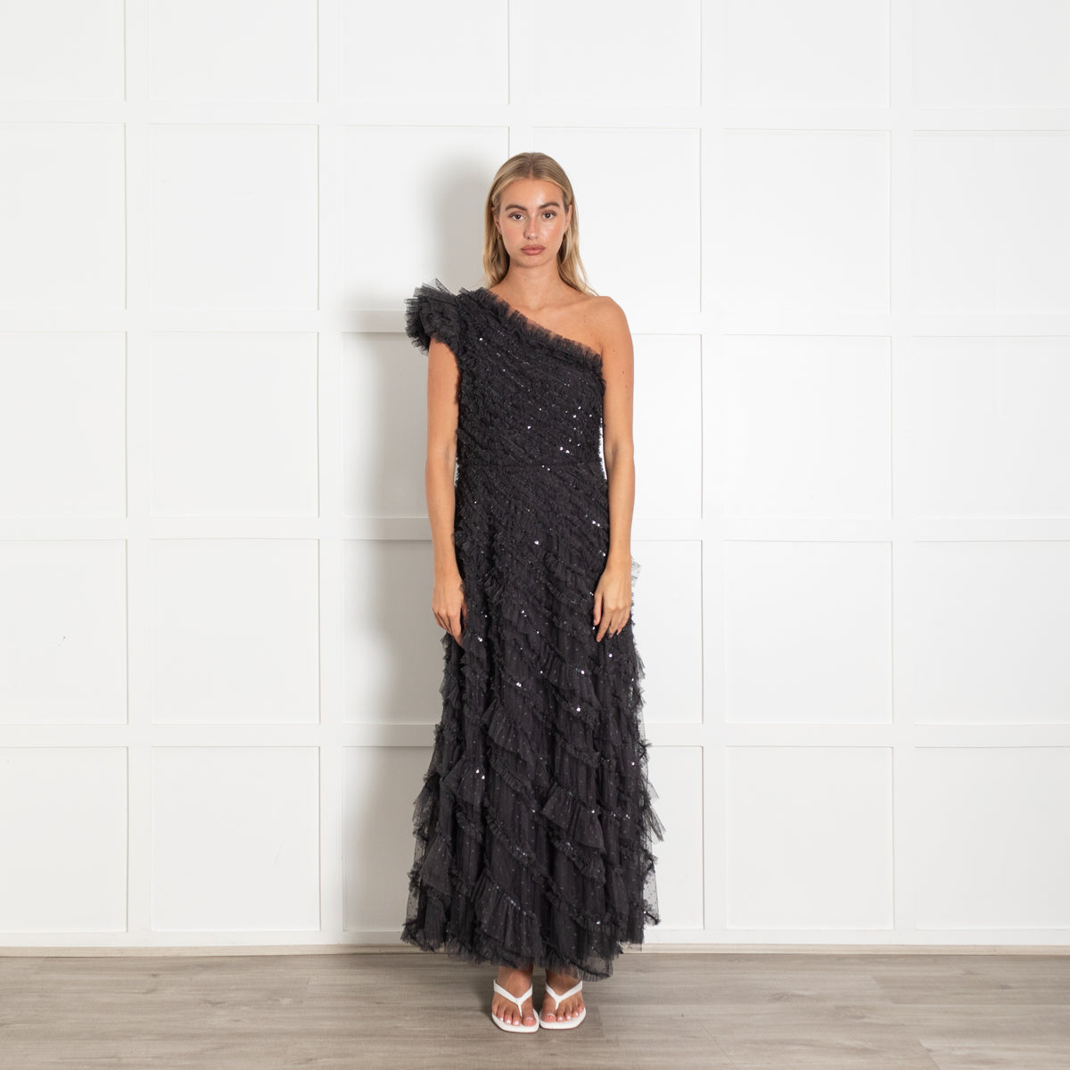 Needle & Thread Black On Black Sequin Frill Detail Off Shoulder Dress