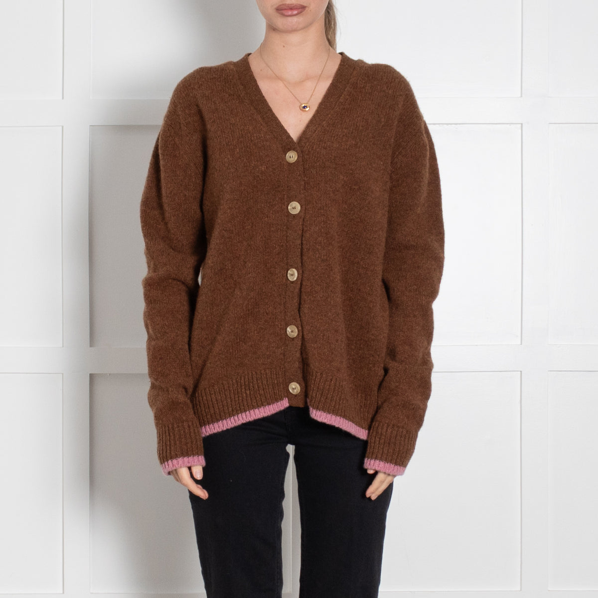 &Daughter Brown Wool Cardigan with Lilac Edge