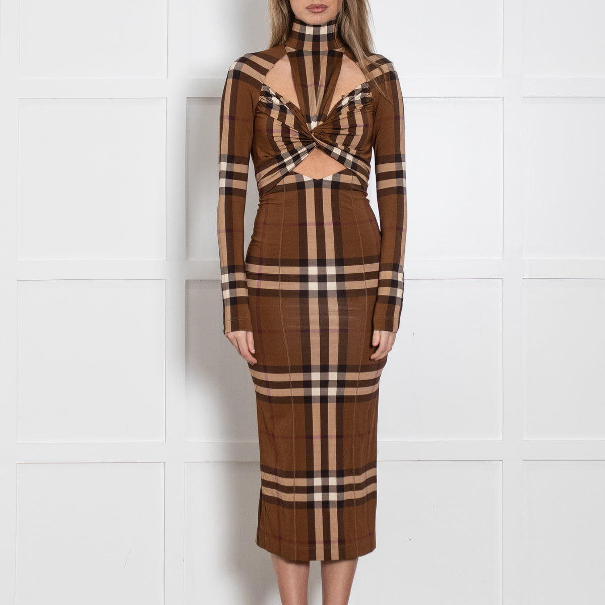 Burberry Check High Neck Twist Front Stretch Dress