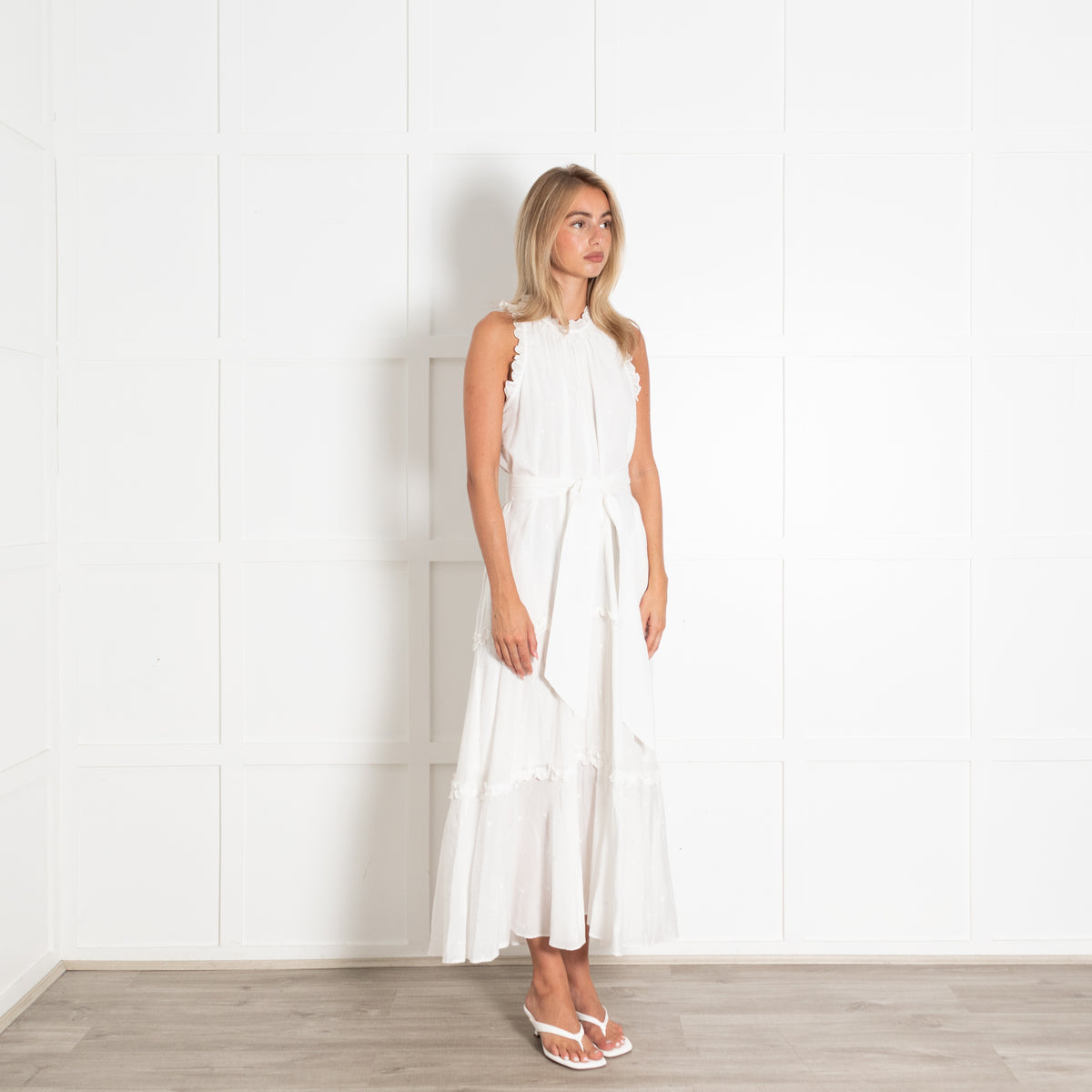 Me + Em White Tiered Polka Dot Sleeveless Maxi Dress