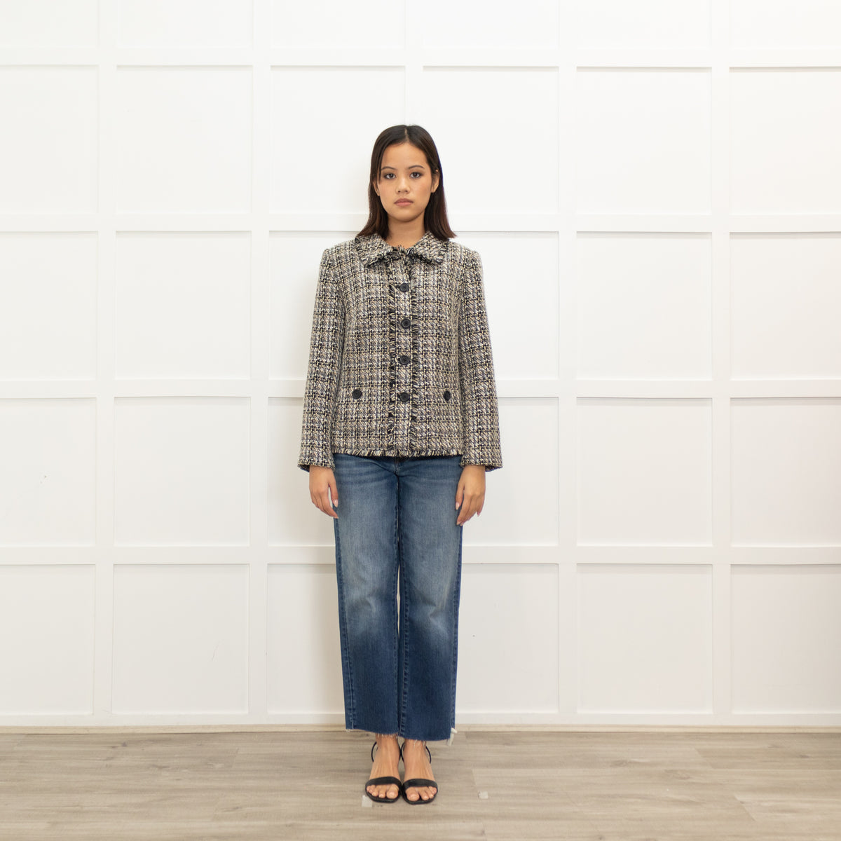 Karl Lagerfeld Paris Brown And Black Boucle Jacket With Frayed Edges
