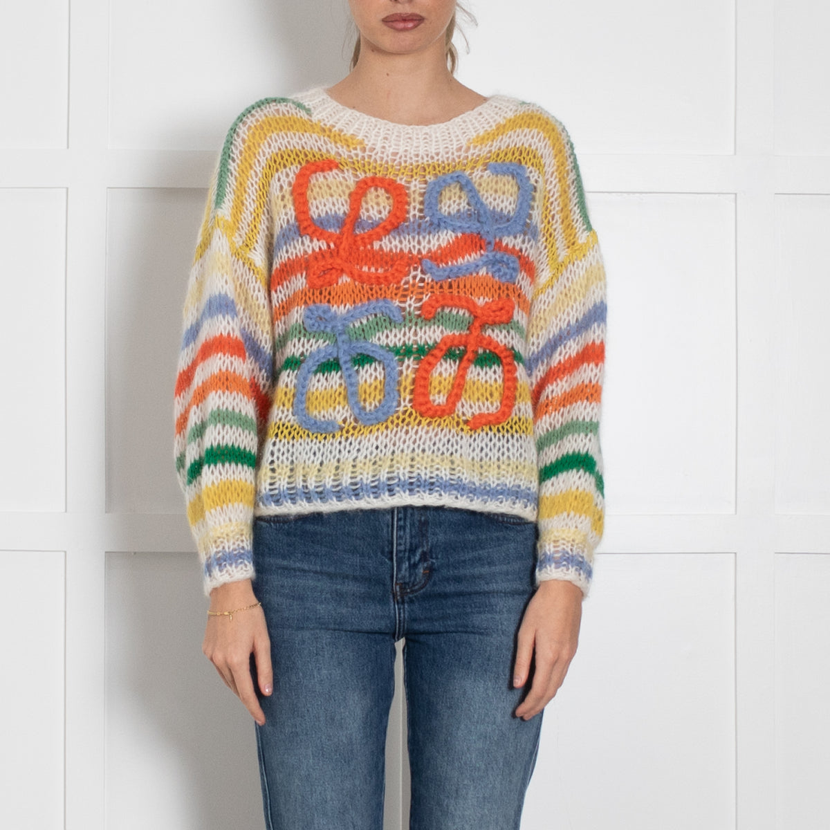 Loewe Cream Yellow Orange Blue Stripe Mohair Wool Blend Oversized Jumper
