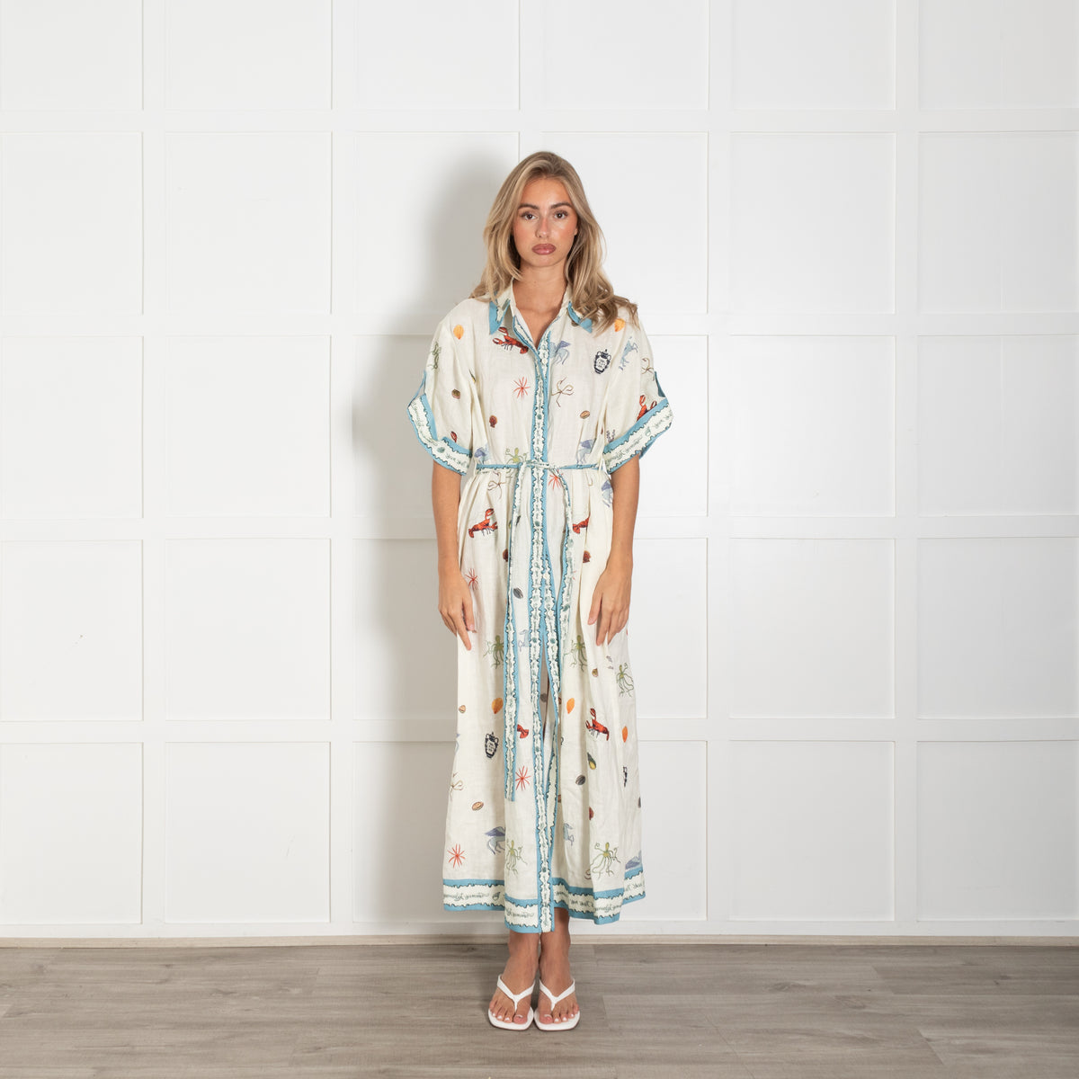 Alemais Under The Sea Linen Belted Shirt Dress