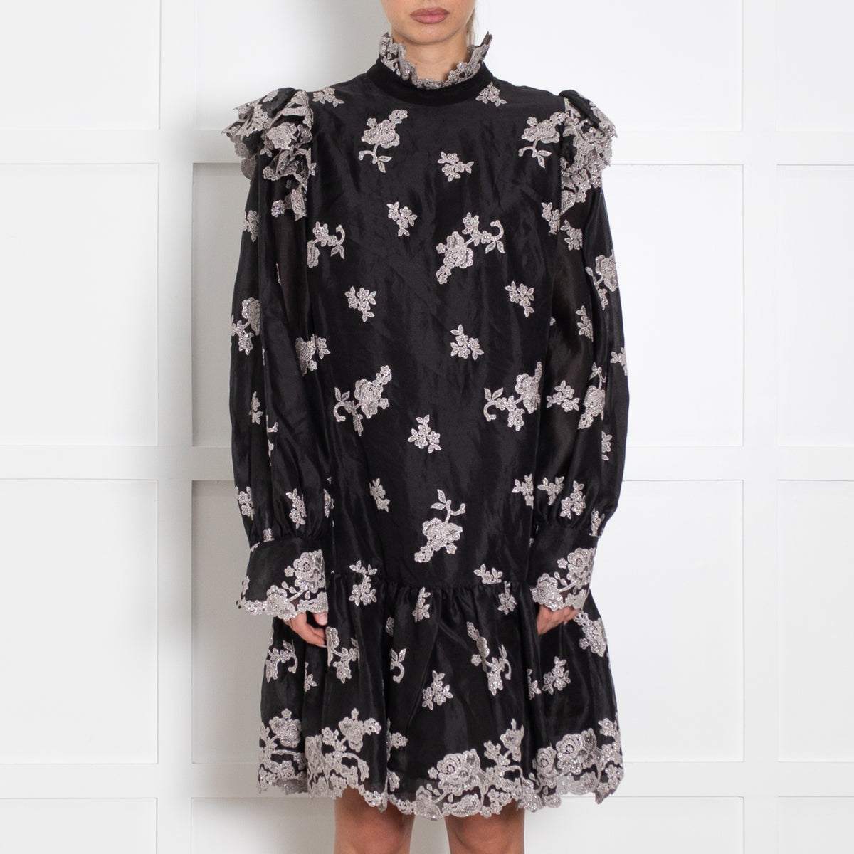Erdem Nella Black Organza Dress With Silver Embroidery