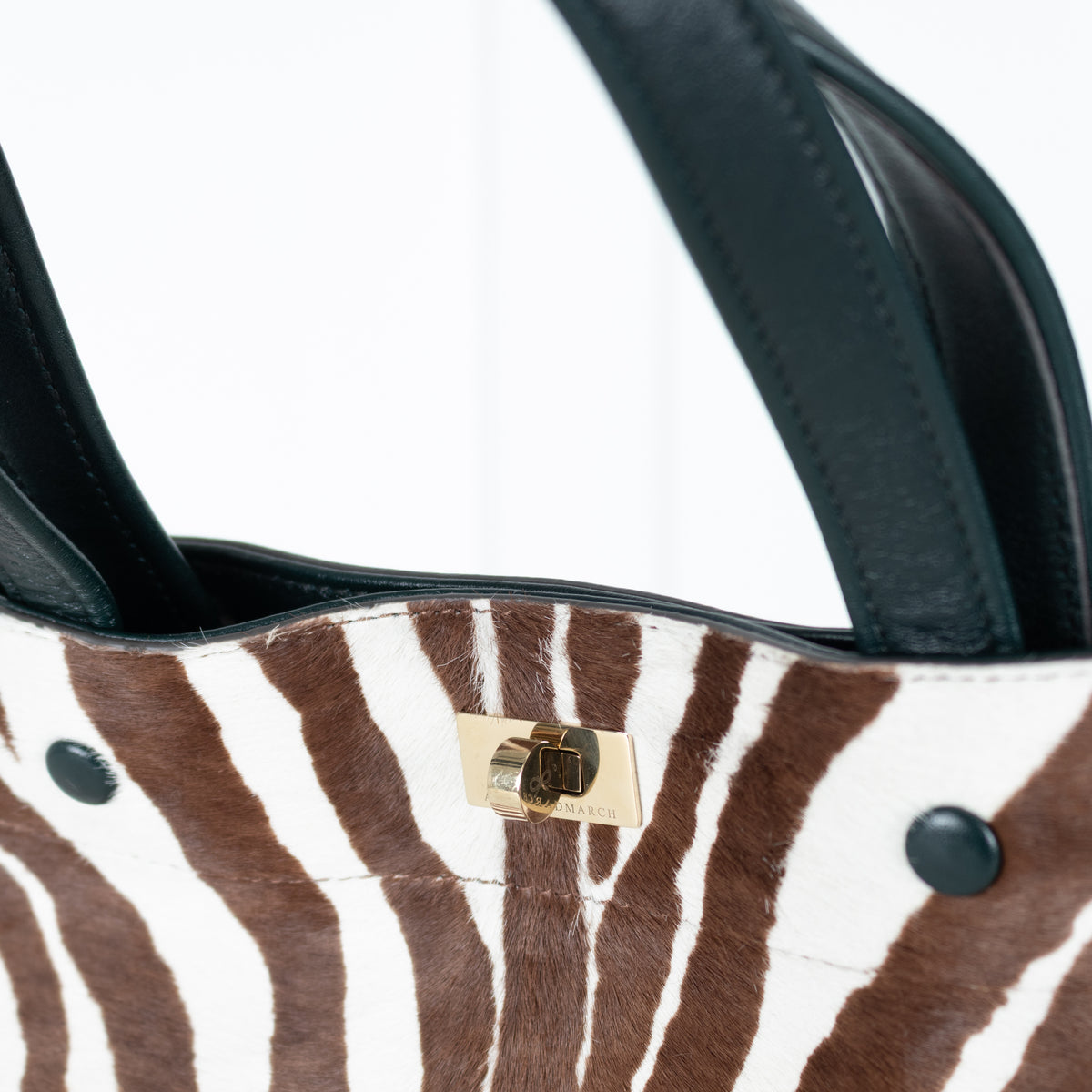 Close-up of a zebra-patterned handbag with a gold clasp on a white background