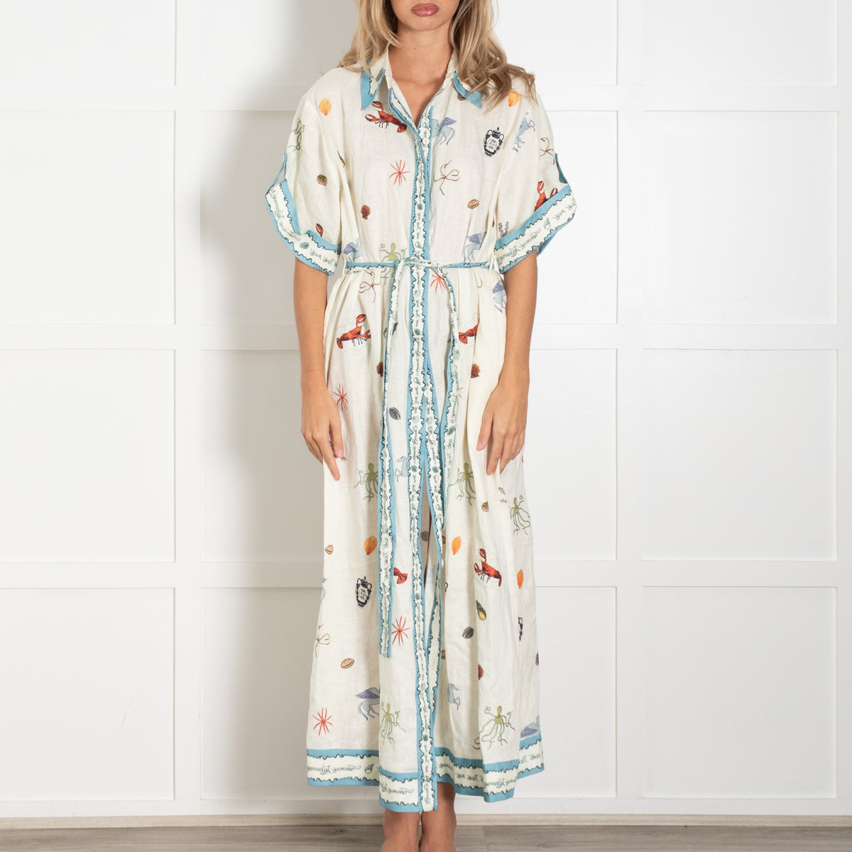 Alemais Under The Sea Linen Belted Shirt Dress