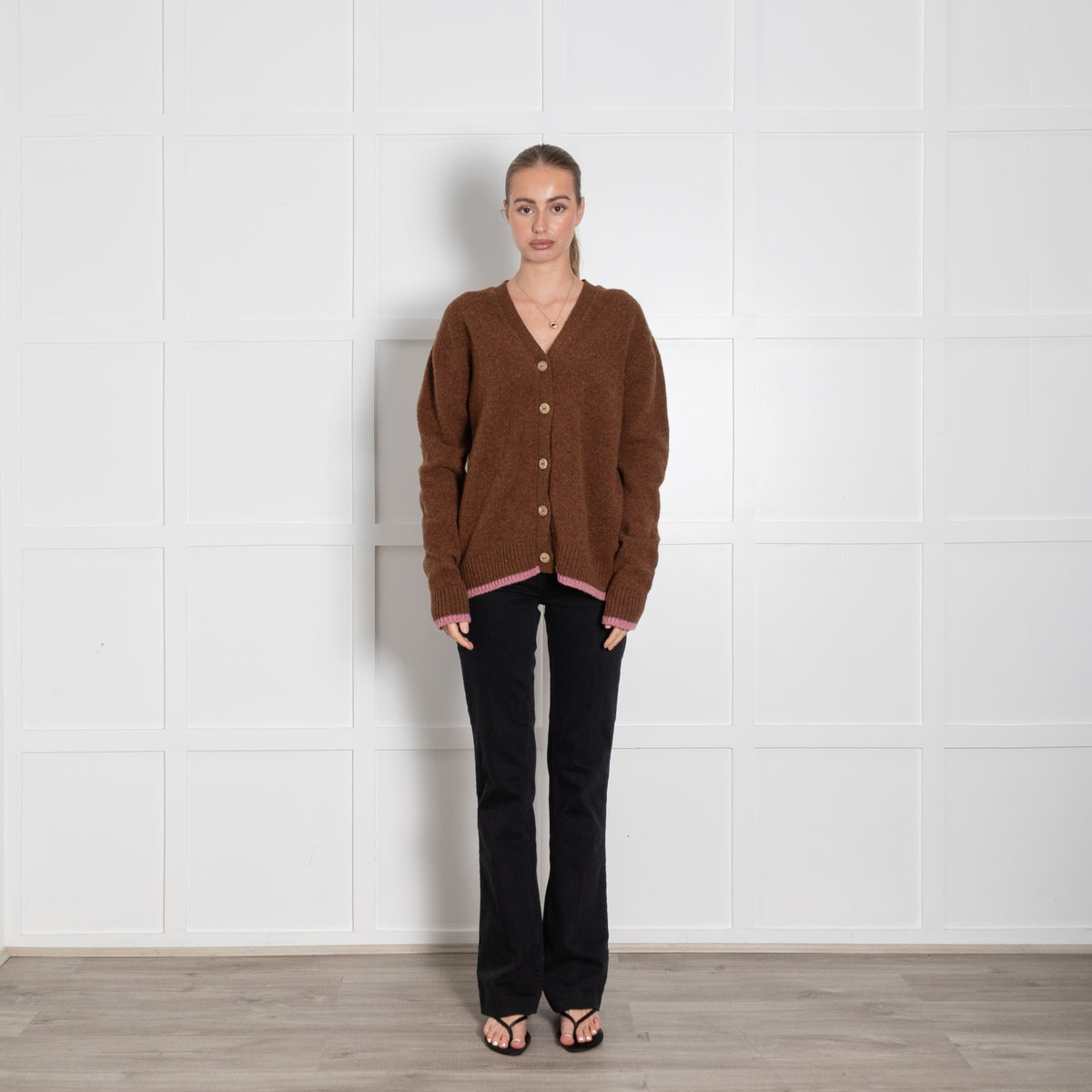 &Daughter Brown Wool Cardigan with Lilac Edge