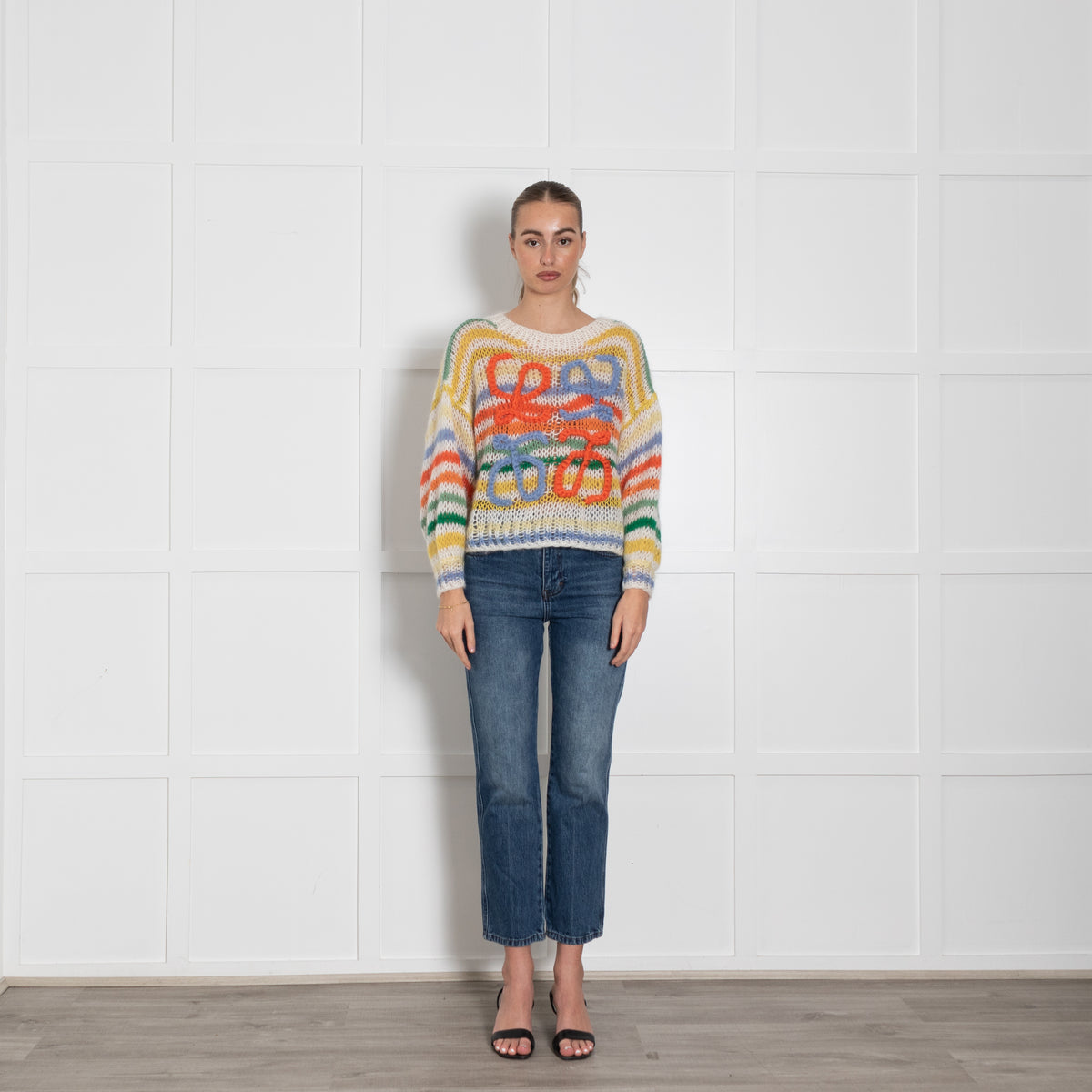 Loewe Cream Yellow Orange Blue Stripe Mohair Wool Blend Oversized Jumper