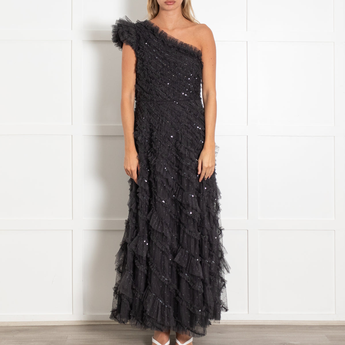 Needle & Thread Black On Black Sequin Frill Detail Off Shoulder Dress