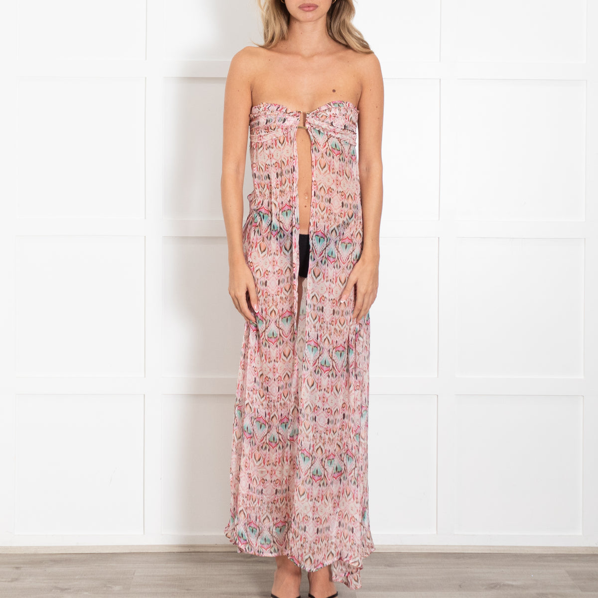 Melissa Odabash Pink & Blue Peacock Feather Print Bandau Maxi Dress with Gold Buckle