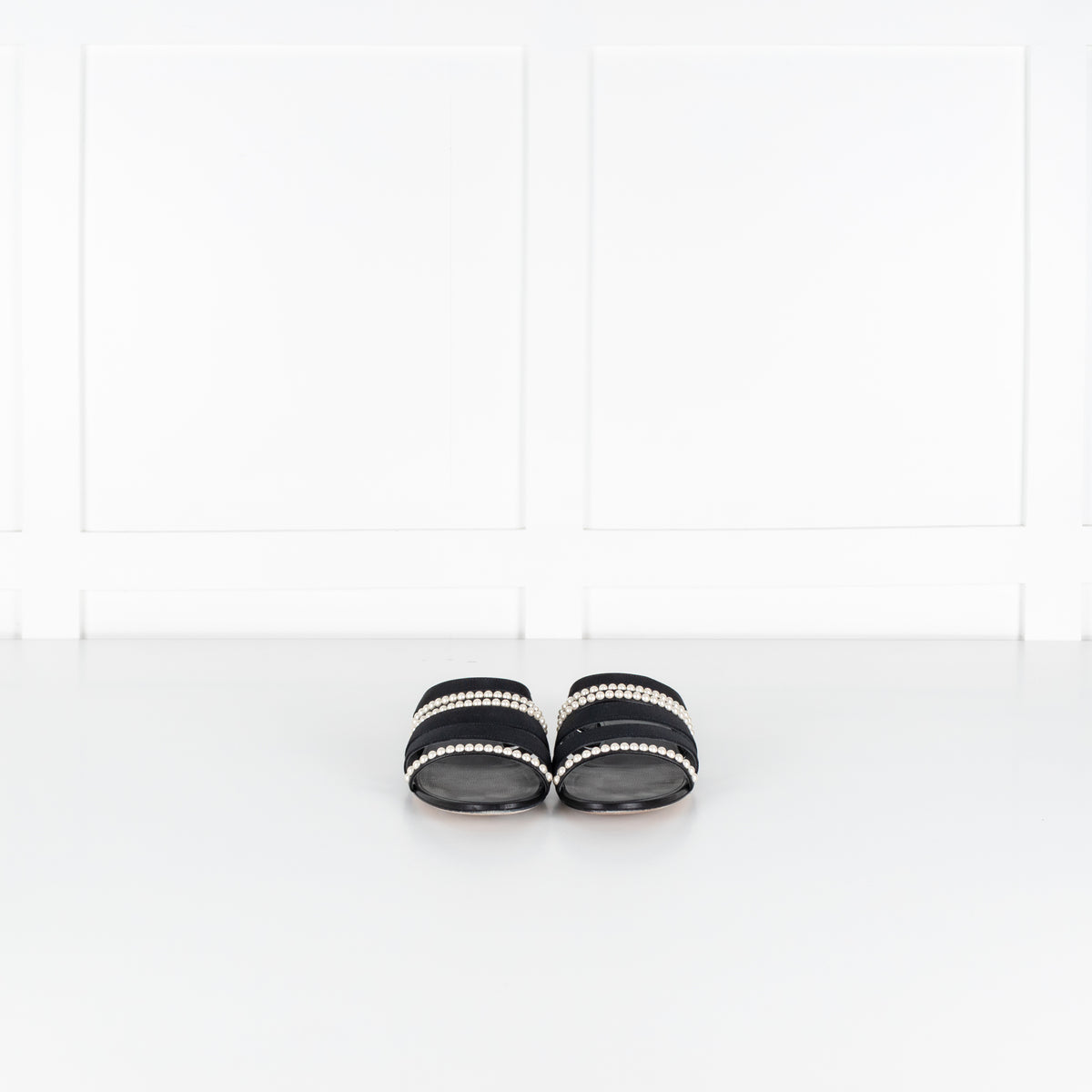 Chanel Black Fabric Mules With Pearls & Logo on Heel