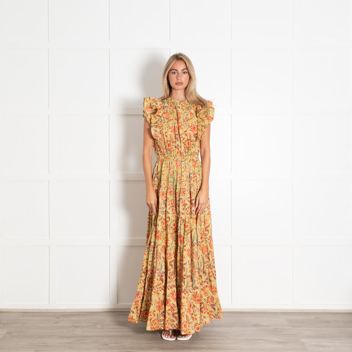 Aspiga Green Rose Frill Maxi Dress With Ruffled Sleeves