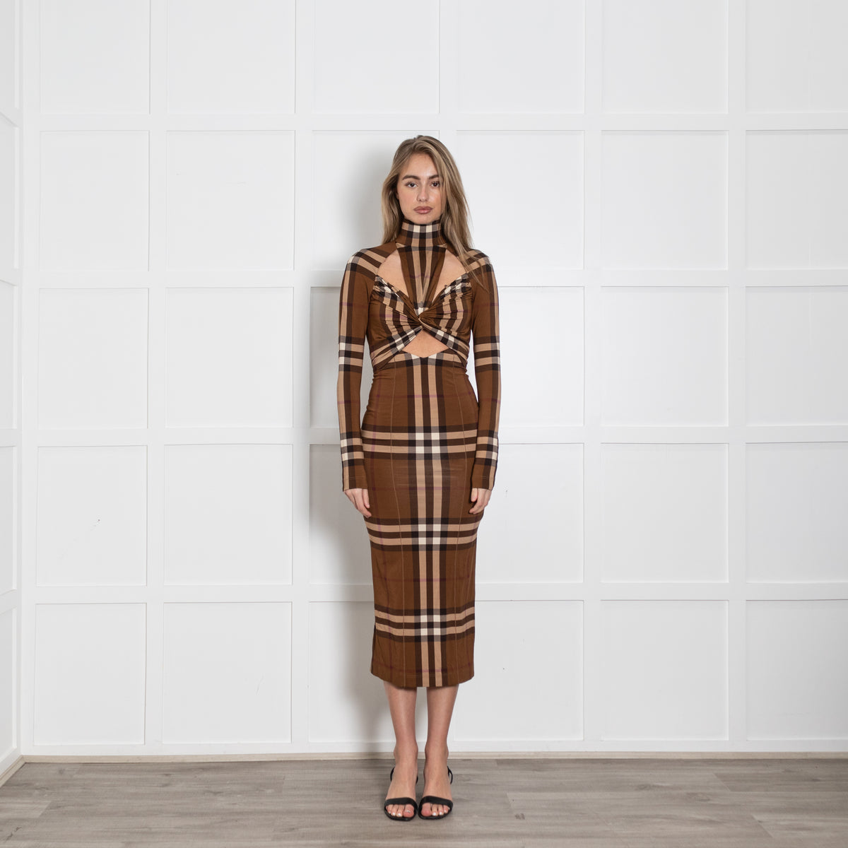 Burberry Check High Neck Twist Front Stretch Dress