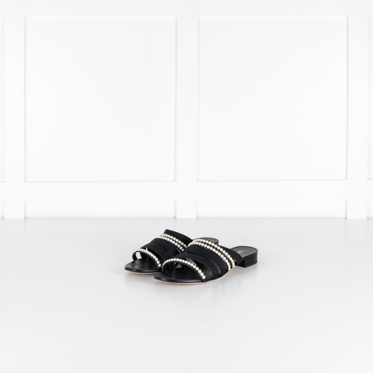 Chanel Black Fabric Mules With Pearls & Logo on Heel