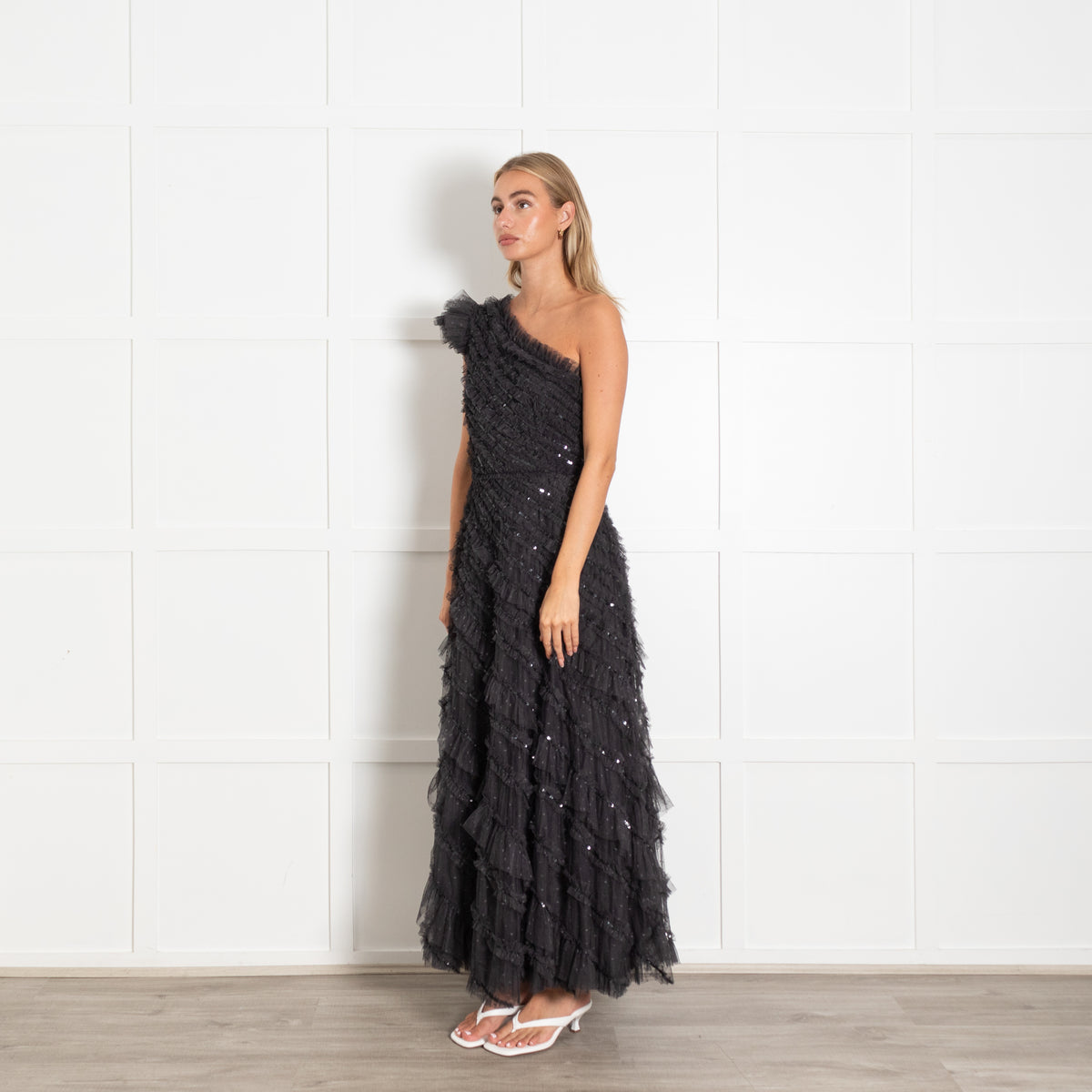 Needle & Thread Black On Black Sequin Frill Detail Off Shoulder Dress